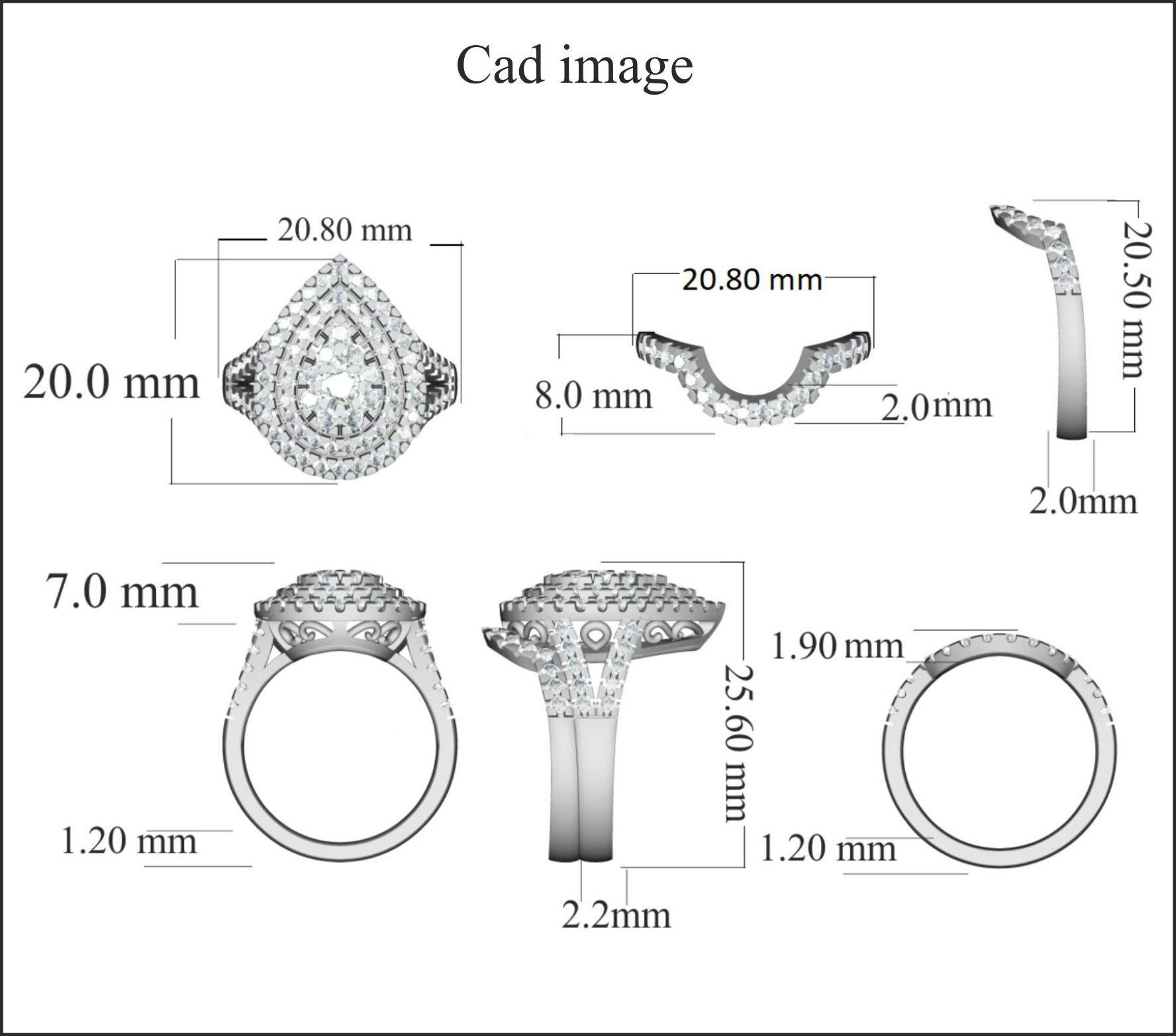 This mesmerizing bridal set is a beautiful beginning for a lifetime. Decorated with Pear shaped diamond frame shimmering 97 round brilliant diamonds set in micro-prong setting, H-I color I2 clarity this 14k white gold engagement band is a lovely way