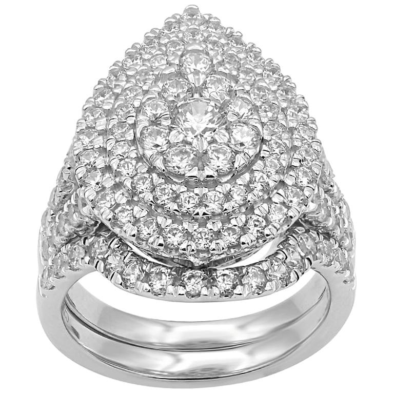 TJD 2.0 Carat Round Diamond 14 Karat White Gold Pear Shaped Bridal Set Ring For Sale