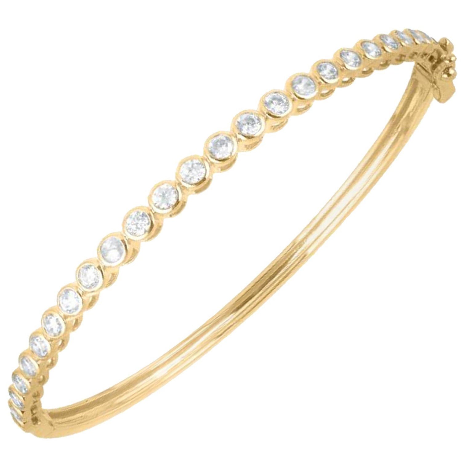TJD 2.0 Carat Round Diamond 14 Karat Yellow Gold Bezel Set Designer Bangle