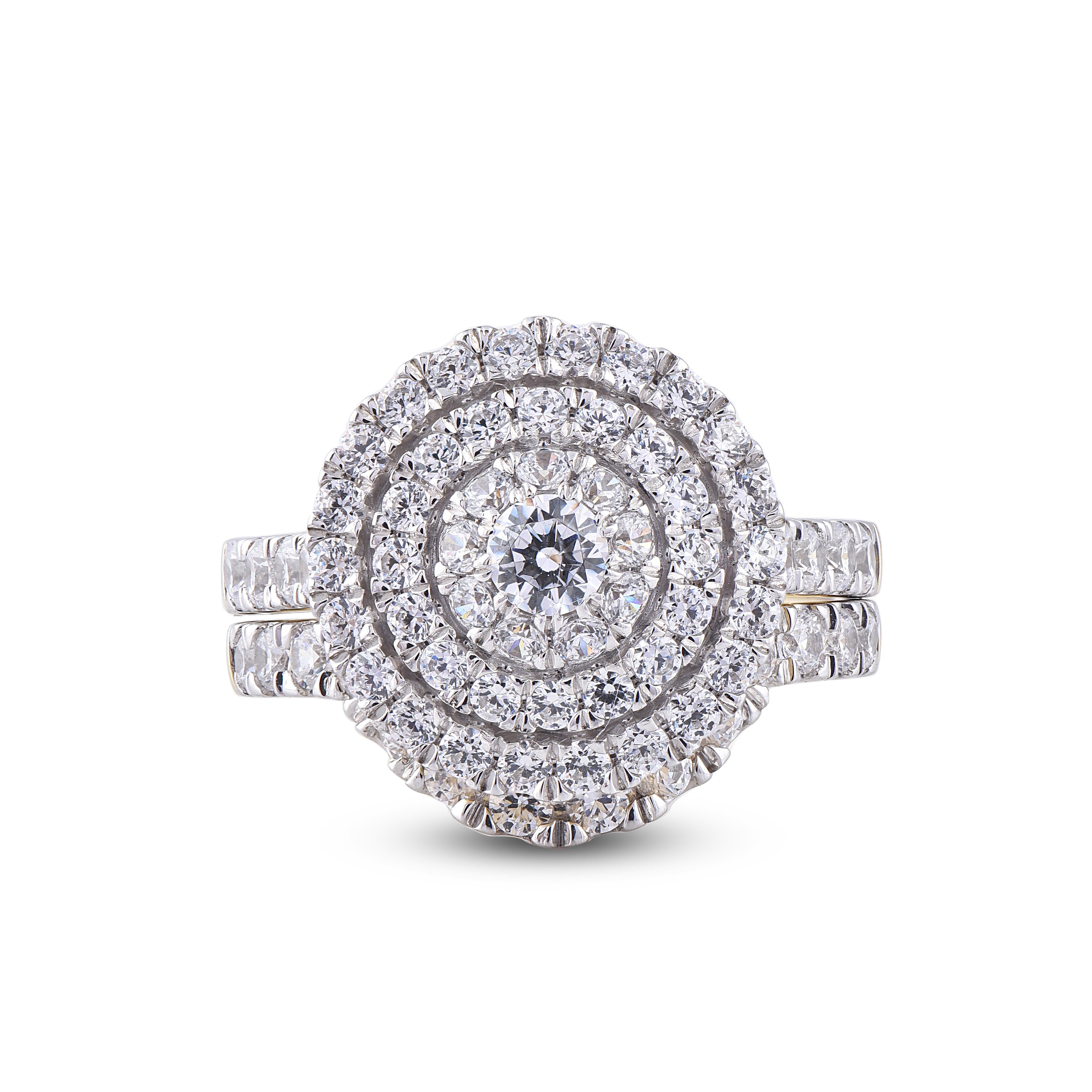 Art déco Bague de mariage à double cadre en or jaune 14 carats avec diamants ronds de 2,0 carats TJD en vente