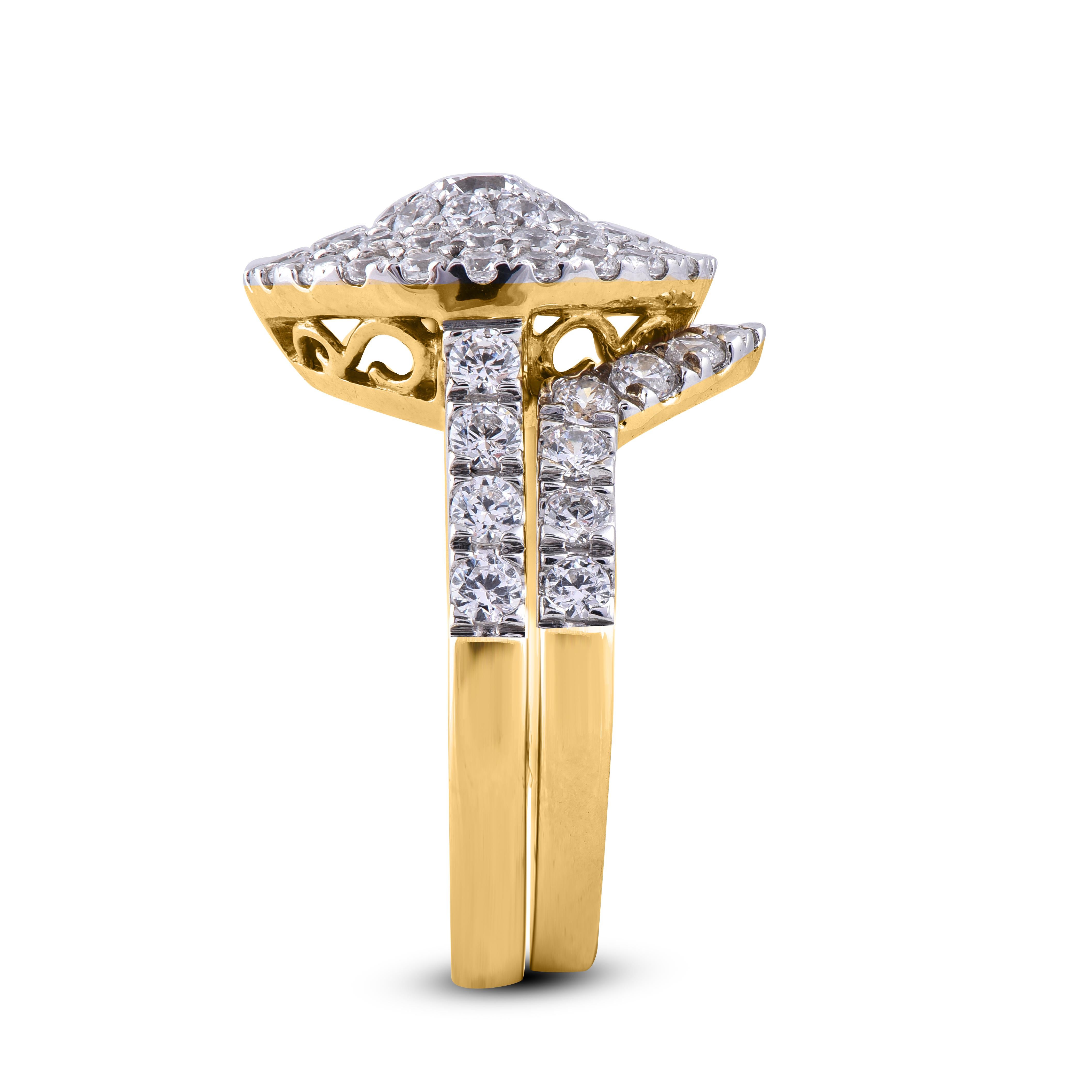 Taille ronde Bague de mariage à double cadre en or jaune 14 carats avec diamants ronds de 2,0 carats TJD en vente