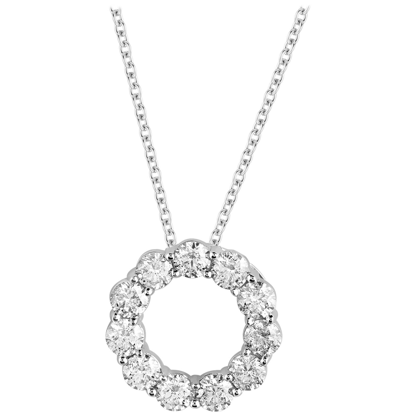 TJD 2.0 Carat Round Diamond 18K White Gold Classic Open Circle Diamond Pendant For Sale