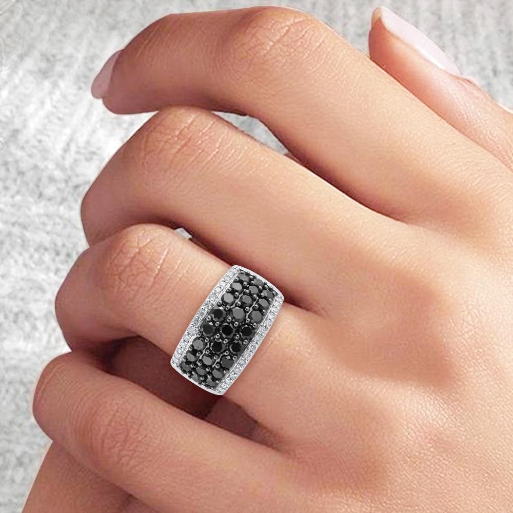 Round Cut TJD 2.0 Carat White & Treated Black Diamond 14 Karat White Gold Wide Band Ring For Sale