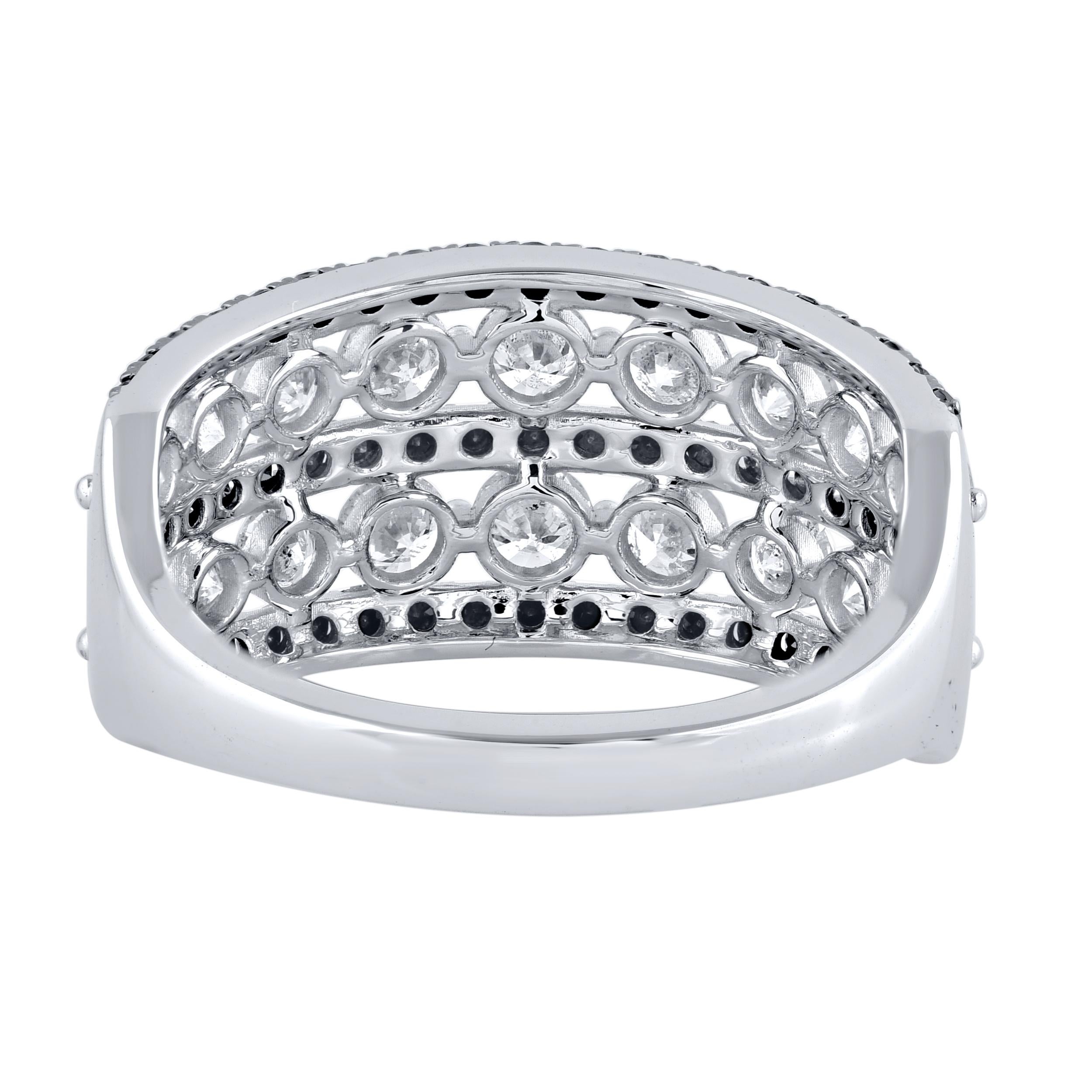 This beautiful band ring features shimmering brilliant cut diamonds and treated black diamond in prong setting. Crafted in 14 karat white gold. The ring is studded with a total of 75 brilliant cut natural round diamonds and the total diamond weight