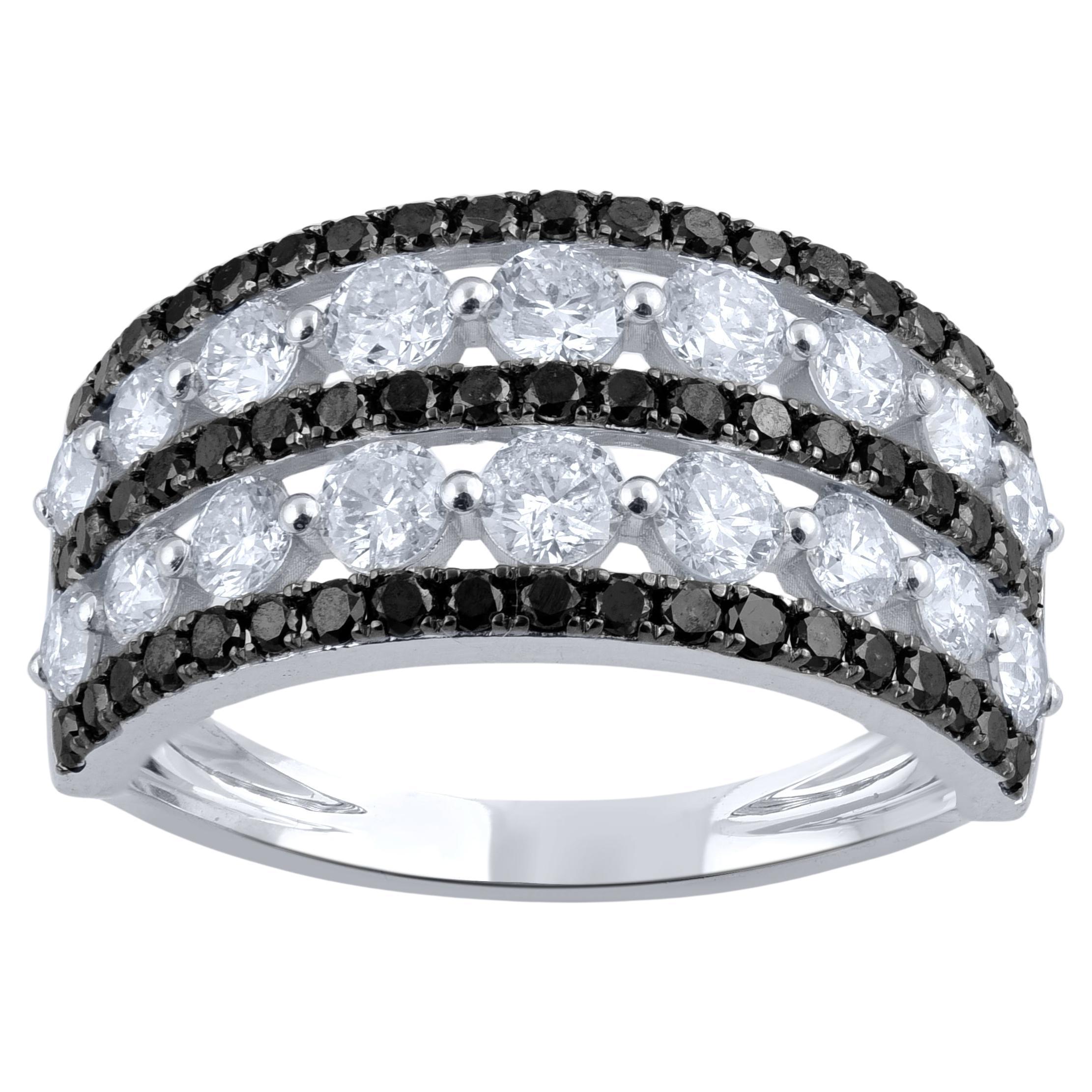 TJD 2.0 Carat White & Treated Black Diamond 14Karat White Gold Two Row Band Ring For Sale