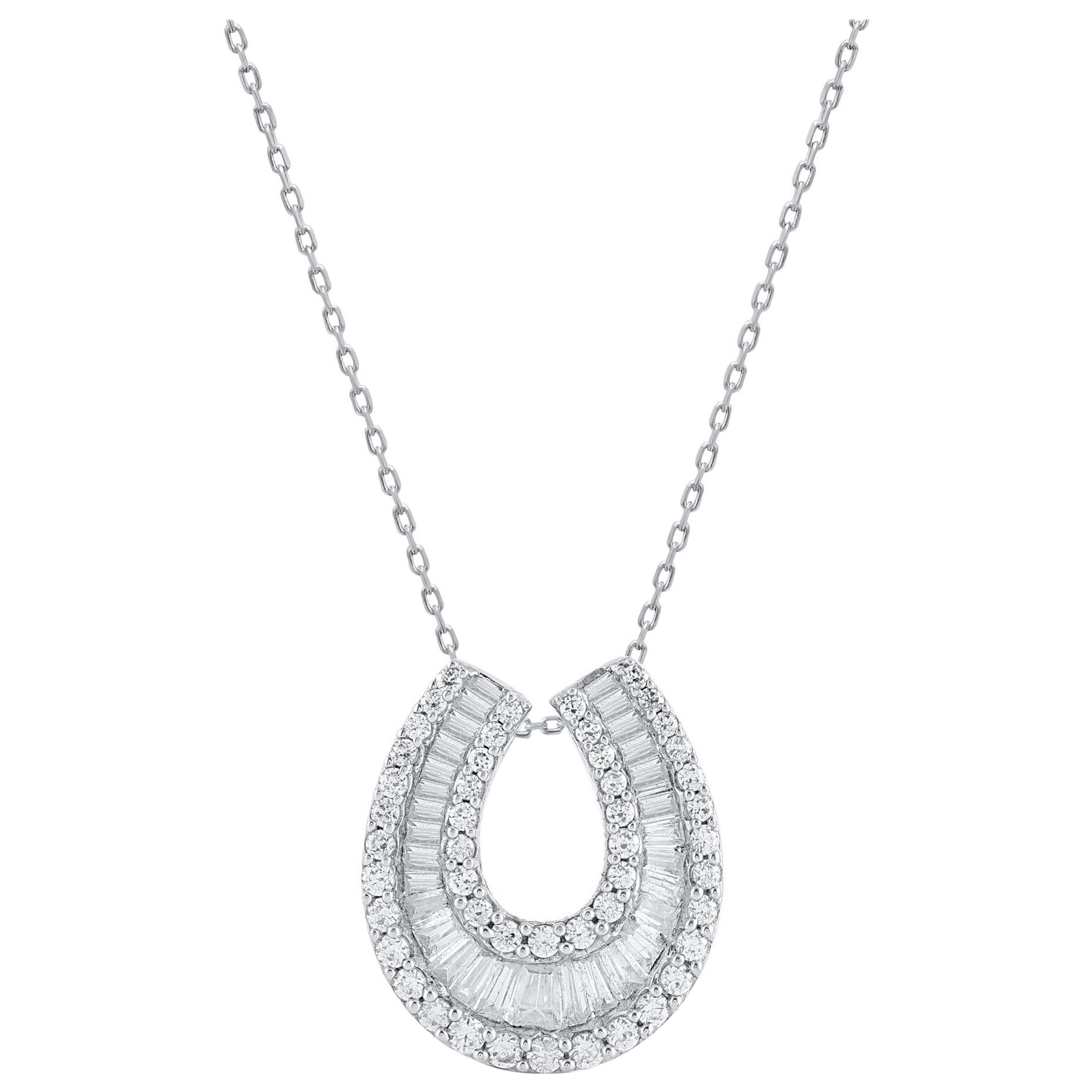 TJD Collier fer à cheval en or blanc 14 carats avec diamants taille baguette et brillance de 2,0 carats