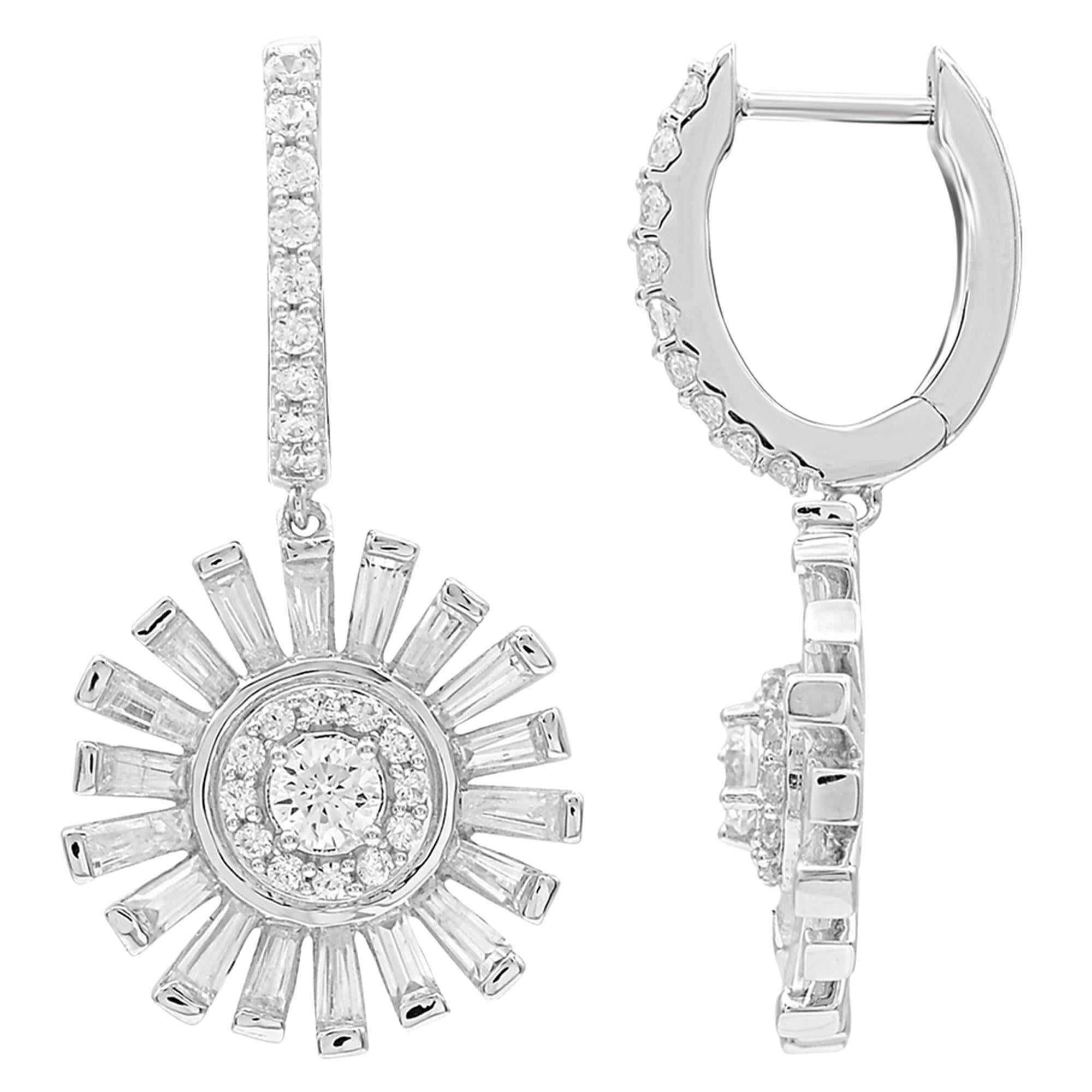 TJD 2.0 CT Round & Baguette Diamond 14K White Gold Sunburst Hoop Huggie Earrings