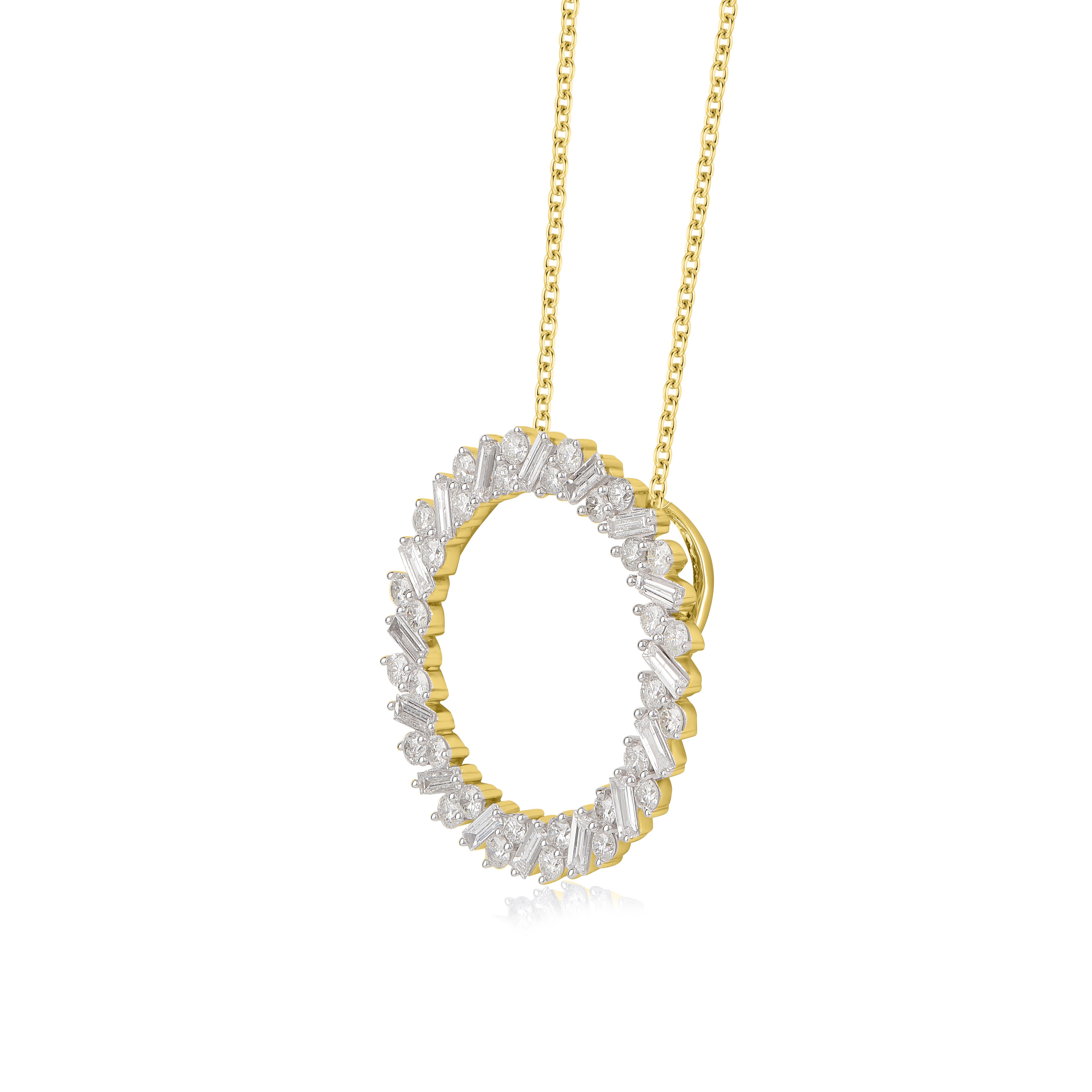 A striking addition when worn on its own, this diamond pendant makes a stunning impression. This circle pendant is crafted from 14-karat yellow gold and features 48 brilliant cut and baguette diamonds set in prong setting. H-I color I2 clarity and a