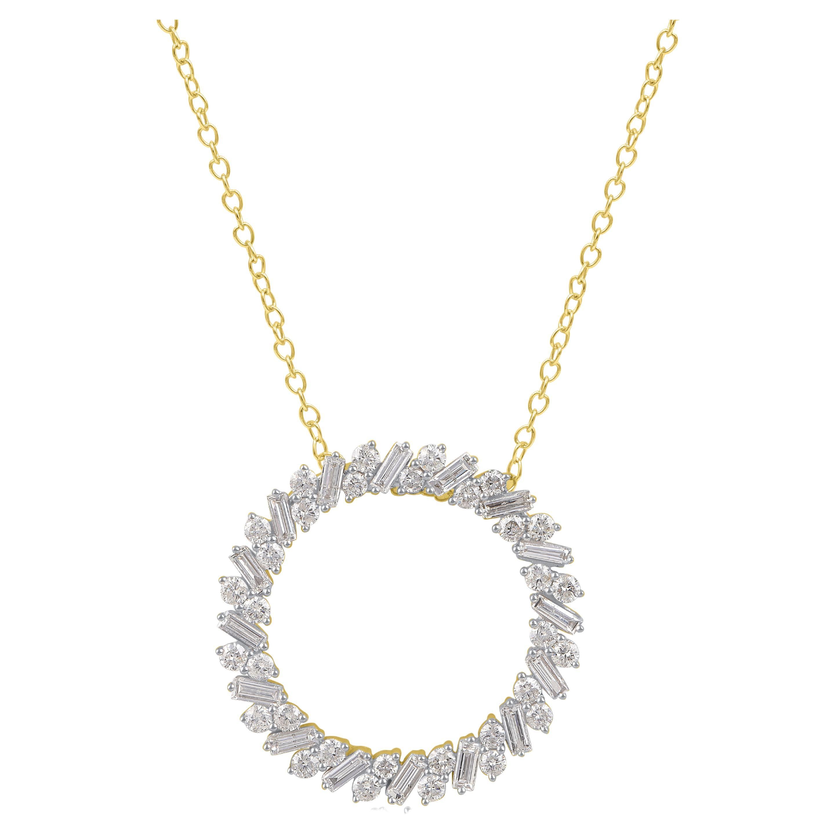 TJD 2.0 CTW Diamond Round & Baguette Gold 14KT Circle Eternity Pendant Necklace en vente