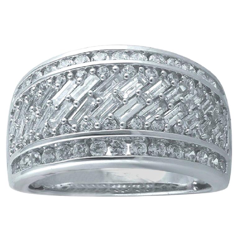 TJD 2.00 Ct Round & Baguette Diamond 14 Karat White Gold Wide Wedding Band Ring