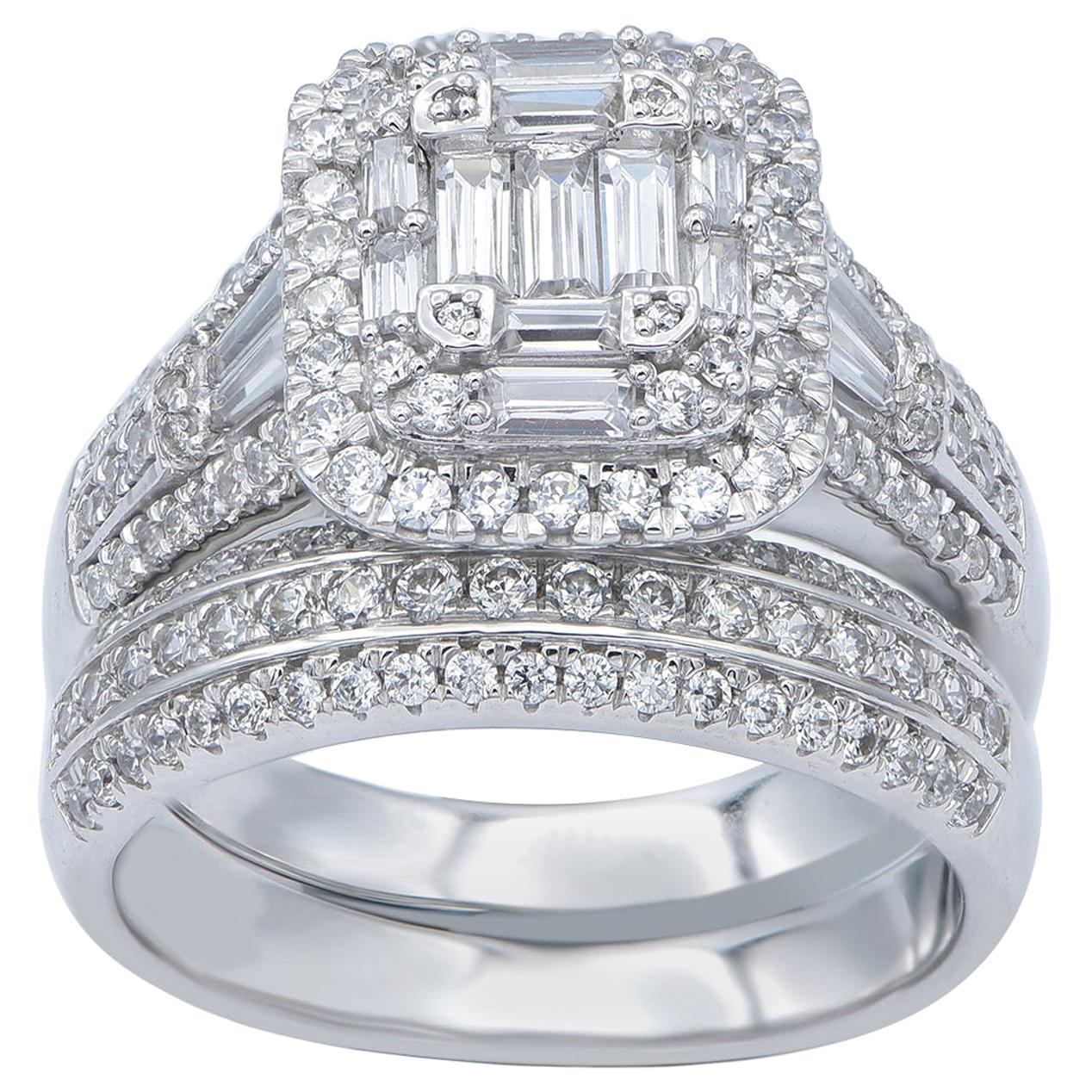 TJD 2Carat Round & Baguette Diamond 14 Karat White Gold Designer Bridal Ring Set
