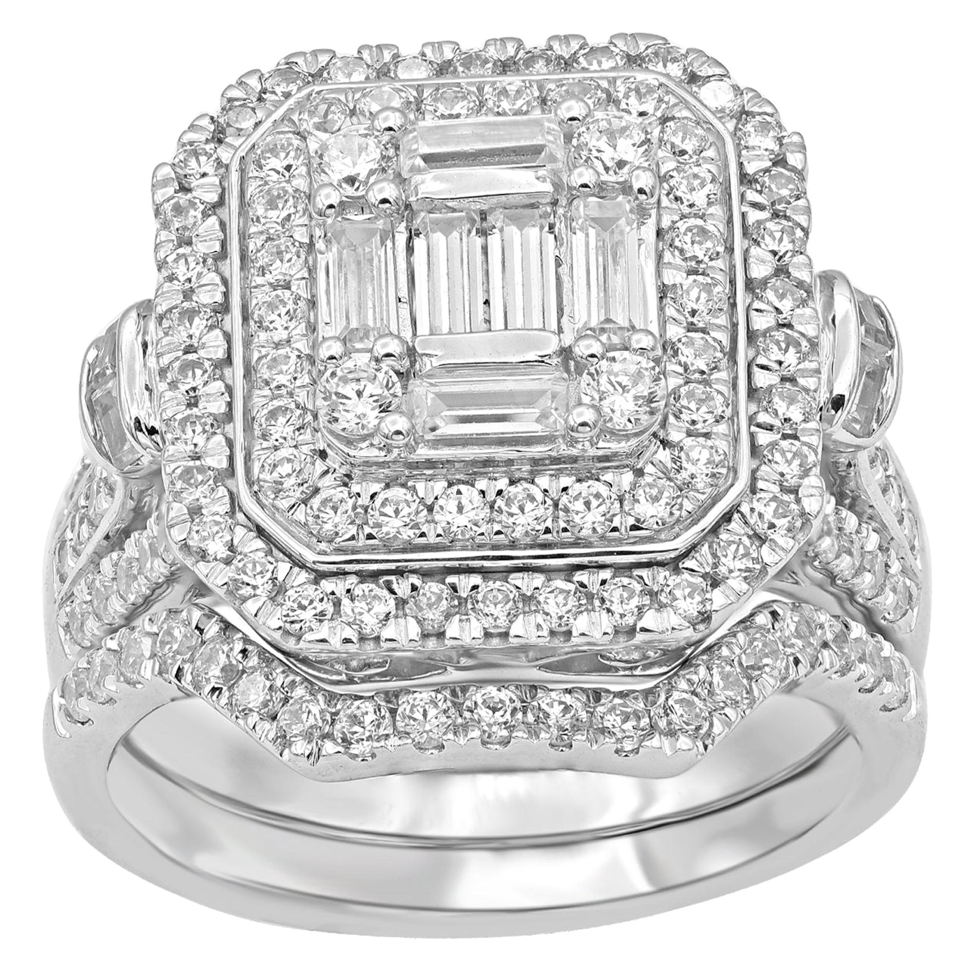 TJD 2Carat Round & Bauette Diamond 14K White Gold Square Shape Bridal Set Ring For Sale