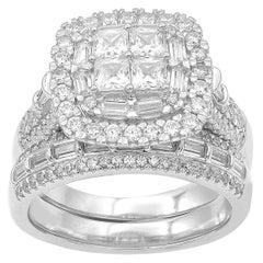 TJD Bague de mariage en or blanc 14 carats sertie d'un diamant rond, baguette et taille princesse de 2 carats