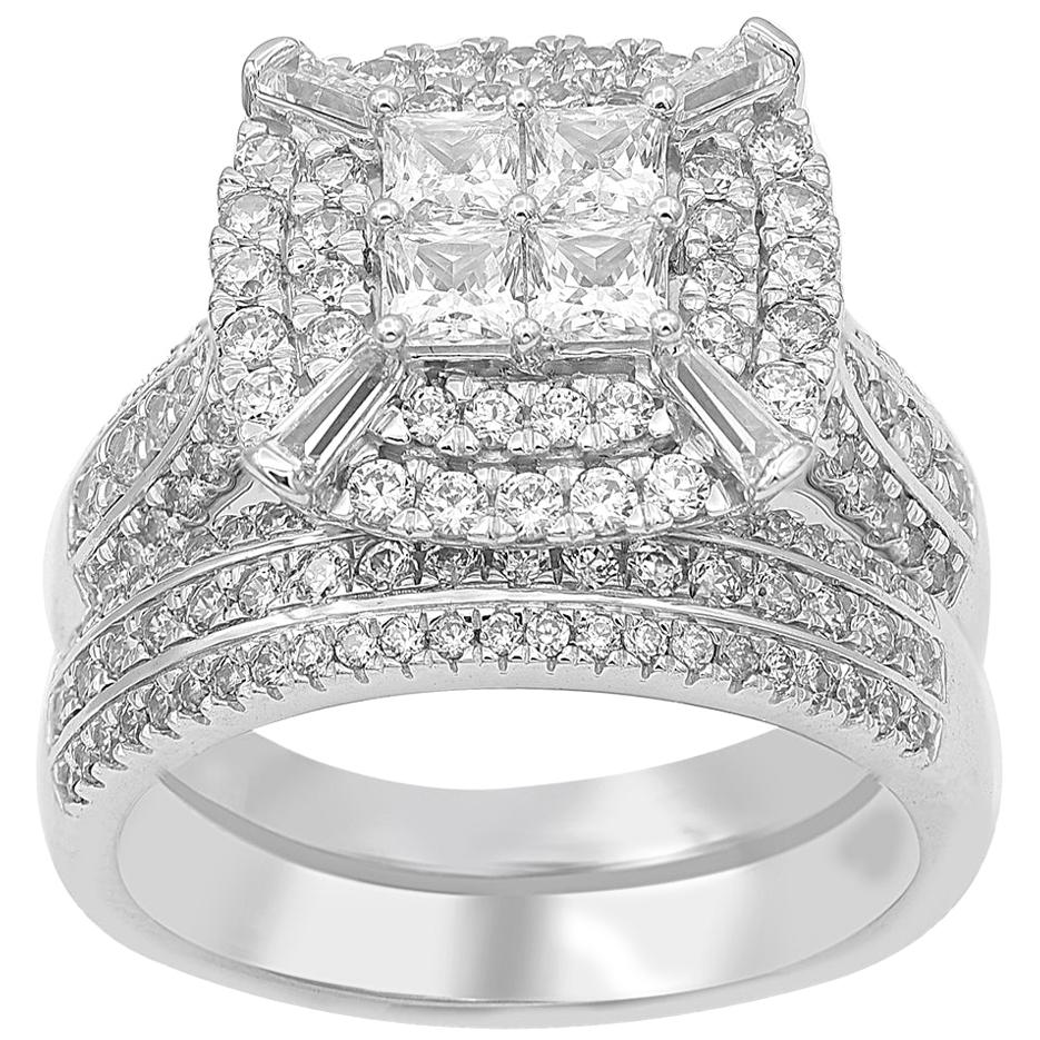 TJD 2Carat Round & Princess Cut Diamond 14K White Gold Stackable Bridal Set Ring For Sale