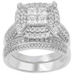 Used TJD 2Carat Round & Princess Cut Diamond 14K White Gold Stackable Bridal Set Ring