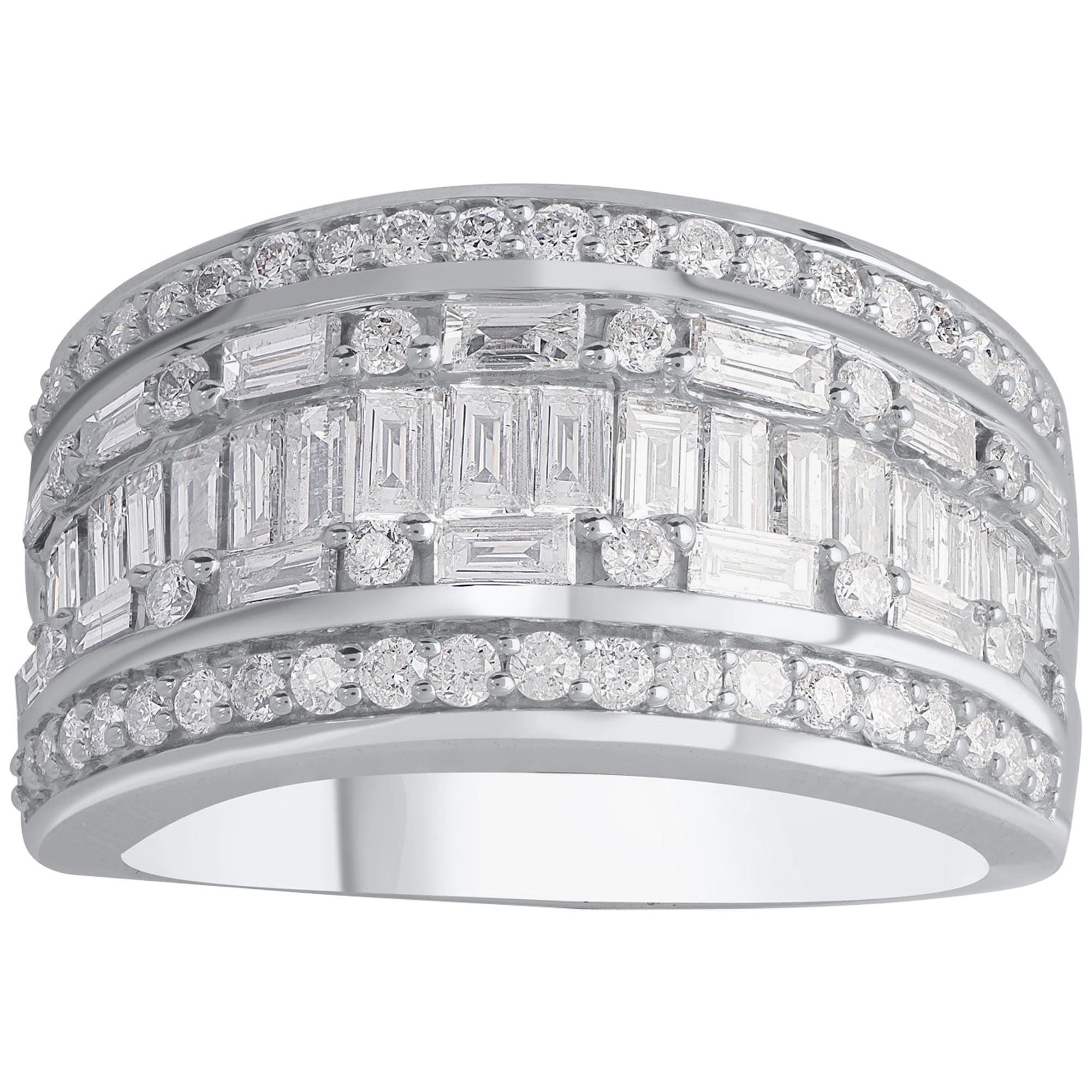 TJD 2.00 Carat Round and Baguette Diamond 10 K White Gold Multi-Row Wedding Ring