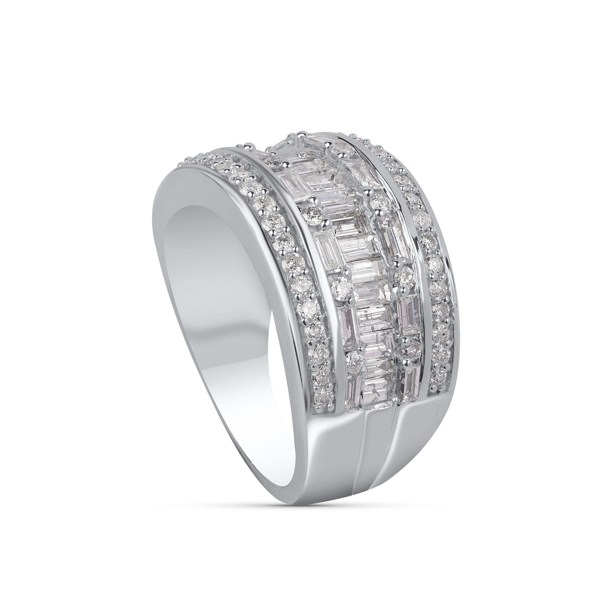 This stunning diamond engagement ring is studded with 52 round-cut diamonds and 35 baguette-cut diamonds in pave and channel setting and beautifully crafted in 10 kt white gold. The diamonds are graded JK color, I3 clarity. Metal color and ring size
