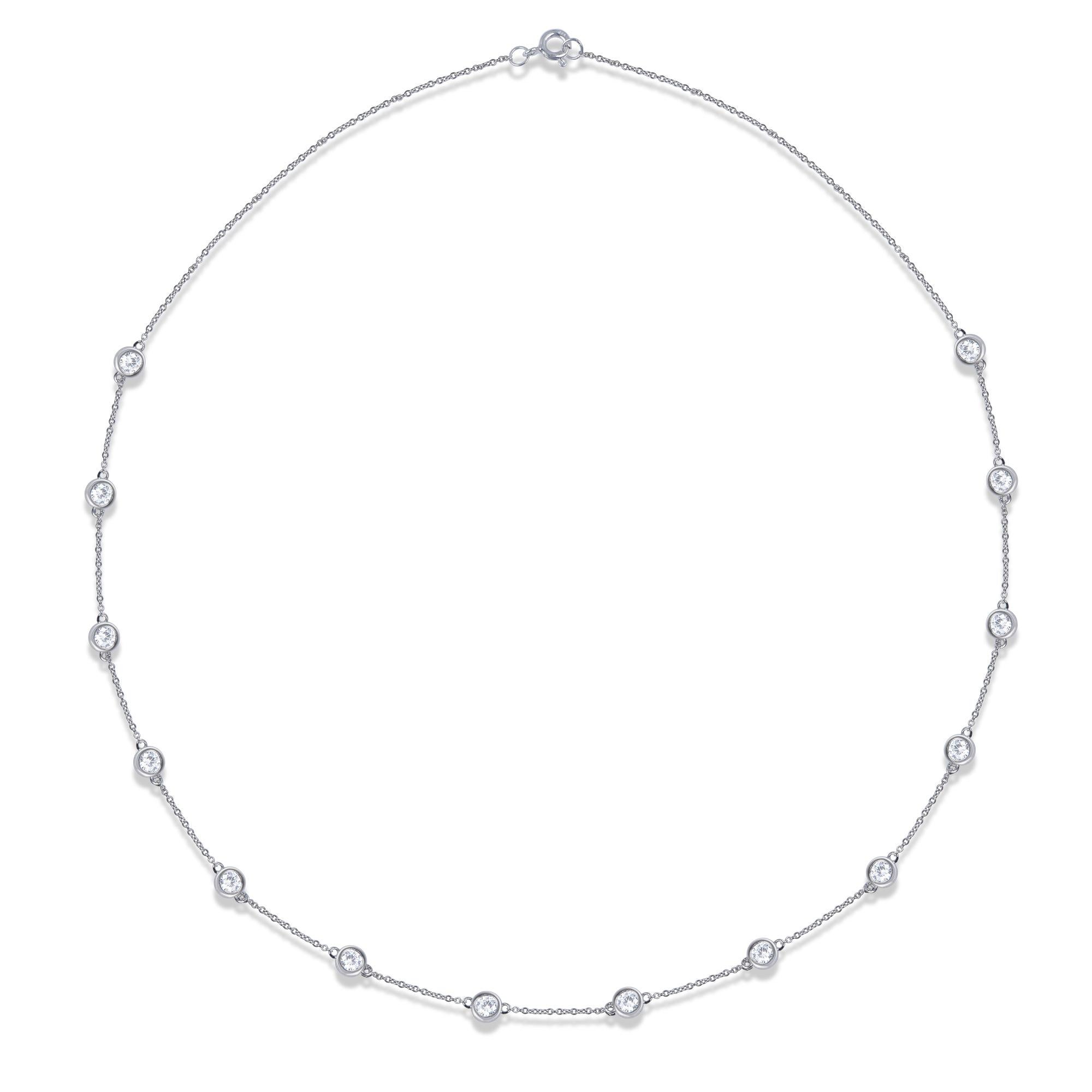 Modern TJD 2.00 Carat Round Diamond 14 Karat White Gold Bezel Set Station Necklace For Sale