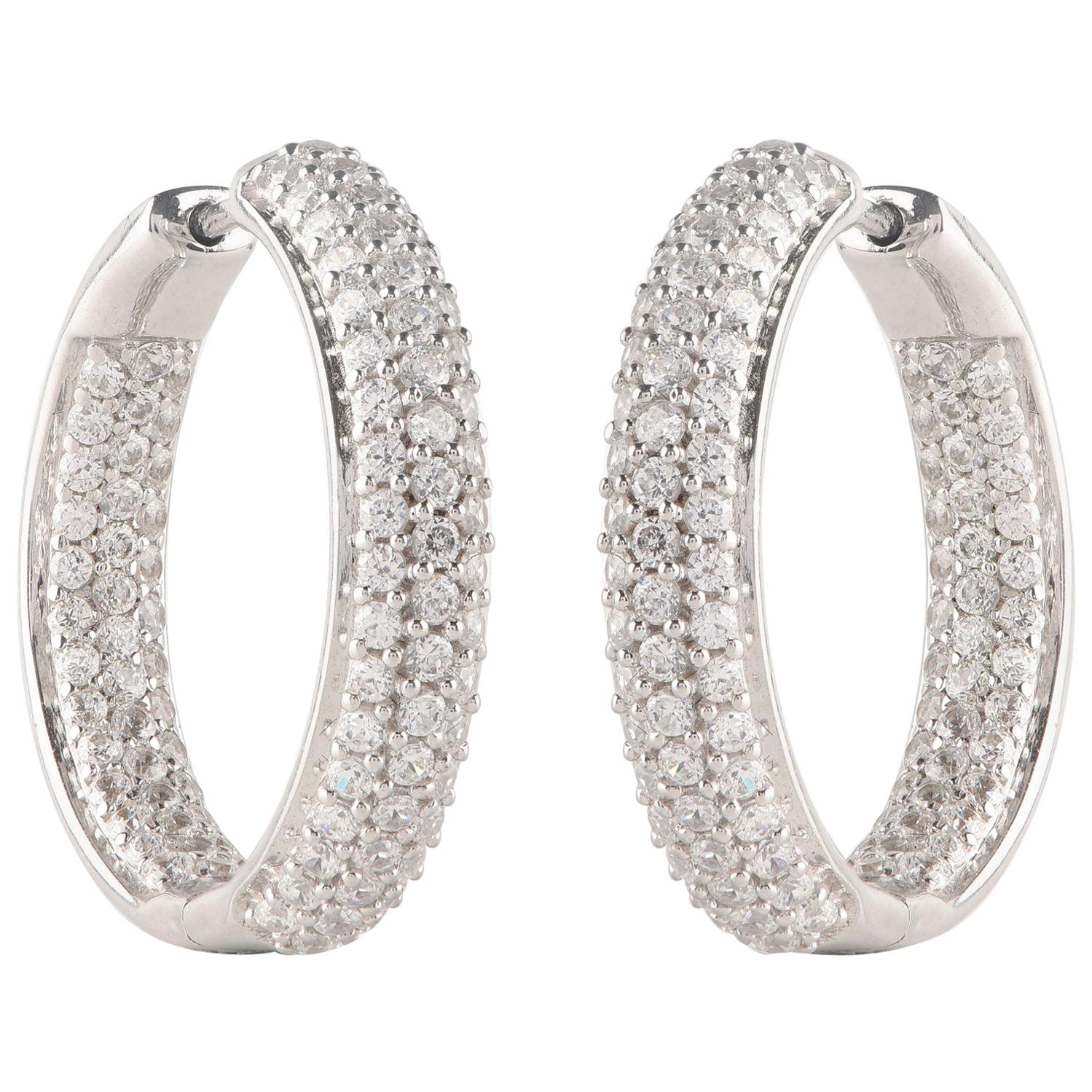 TJD Boucles d'oreilles en or blanc 18 carats avec trois rangées de diamants de 2,00 carats à l'intérieur et à l'extérieur