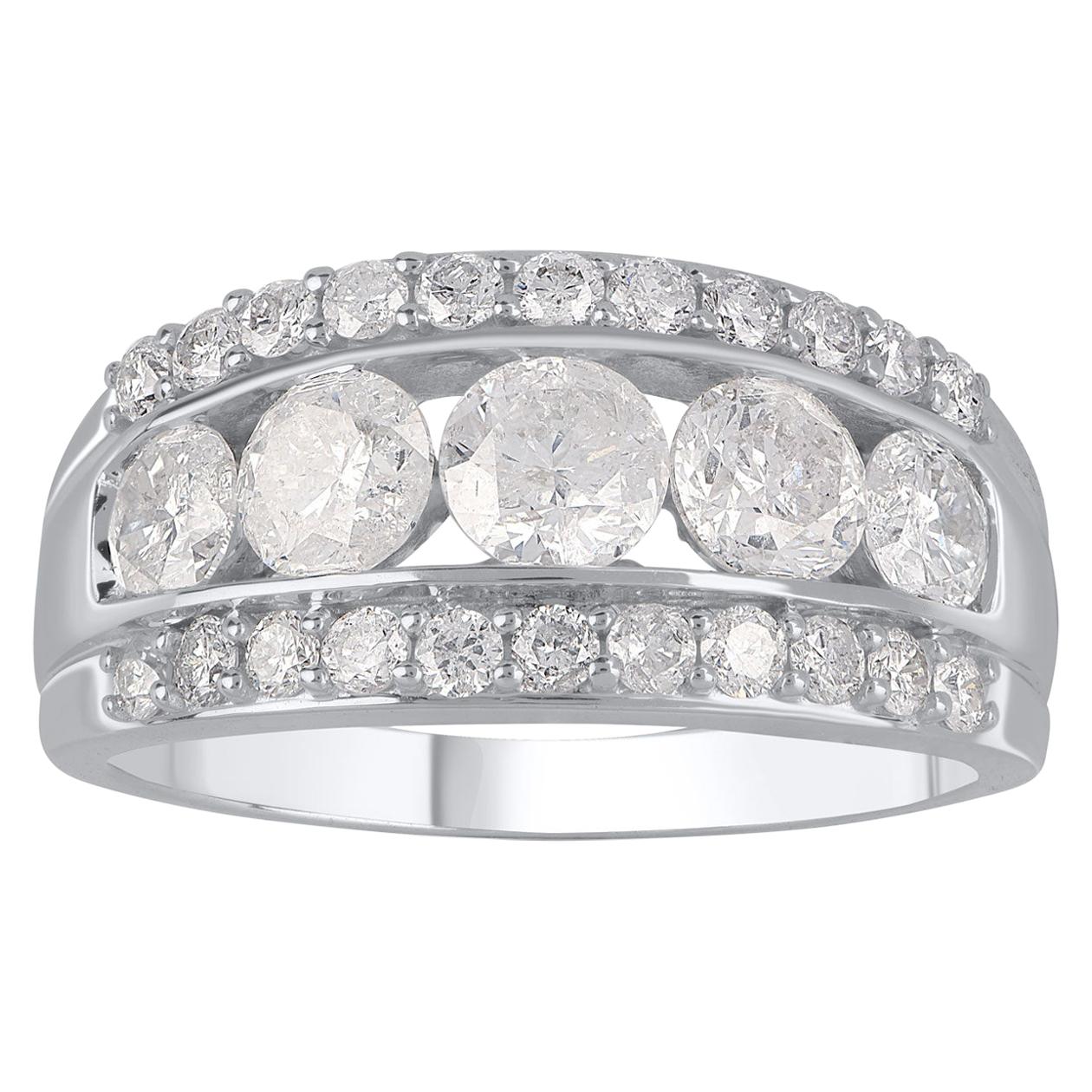 TJD 2.00 Carat Diamond 18 K White Gold Five Stone Channel Set 3-Row Wedding Ring