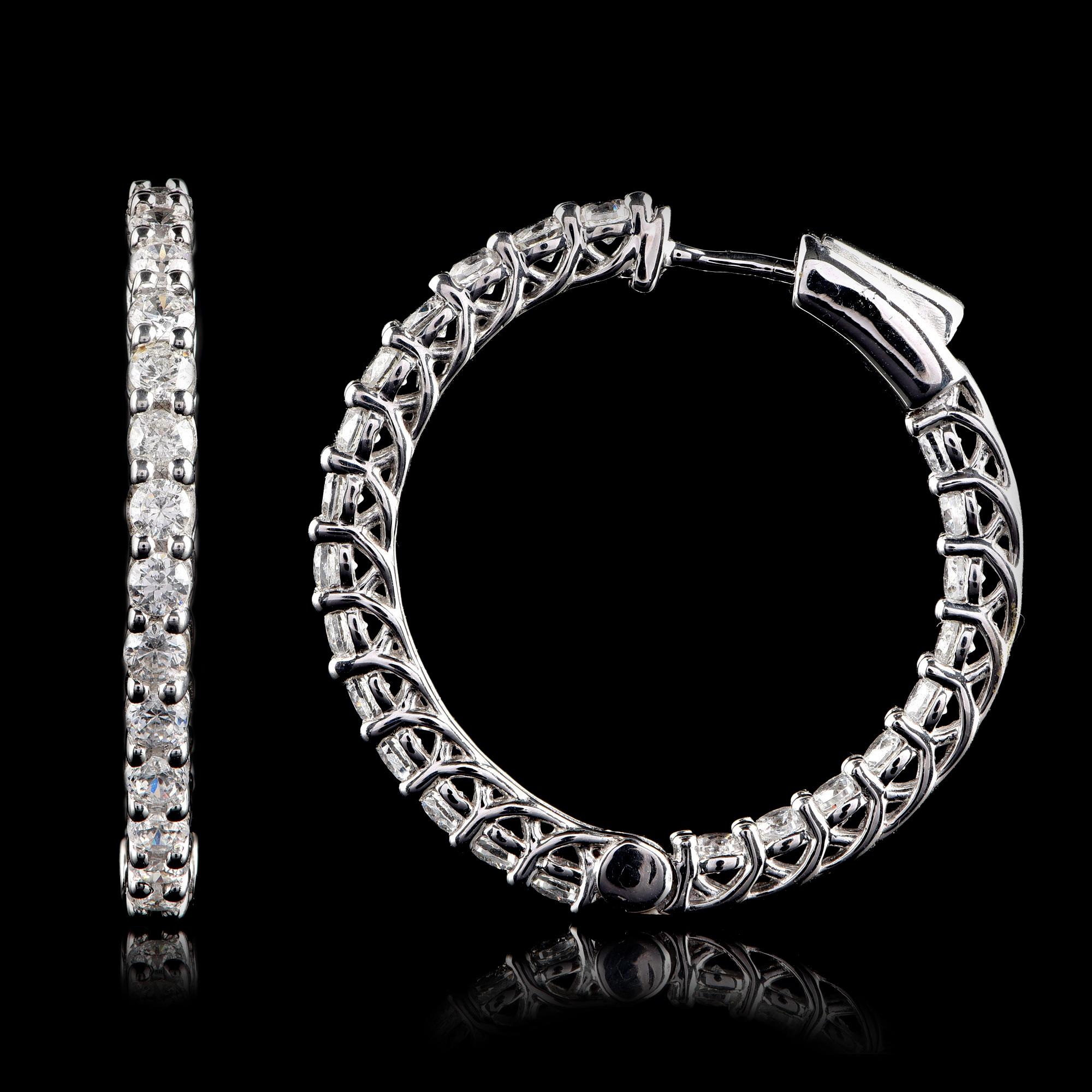 Round Cut TJD 2.00 Carat Diamond 18 Karat White Gold Inside-Out Hoop Earrings For Sale