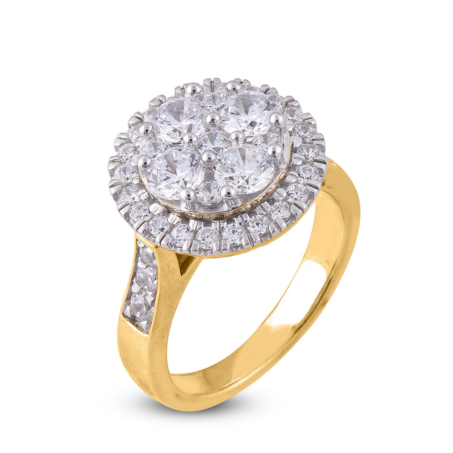 Handcrafted in 14 Karat yellow gold and studded with 37 round cut diamonds in prong and pressure setting. The diamonds are graded H-I Color, I2 Clarity. This ring is available in multiple sizes.