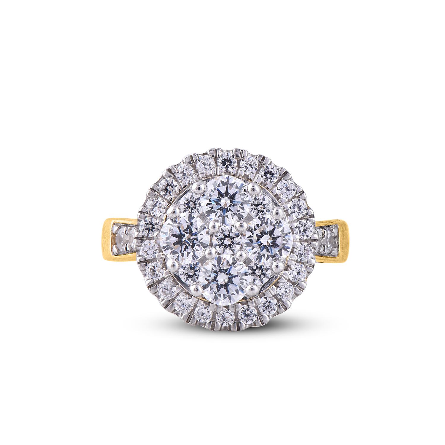 Round Cut TJD 2.00 Carat Composite Diamond 14 Karat Yellow Gold Halo Engagement Ring For Sale