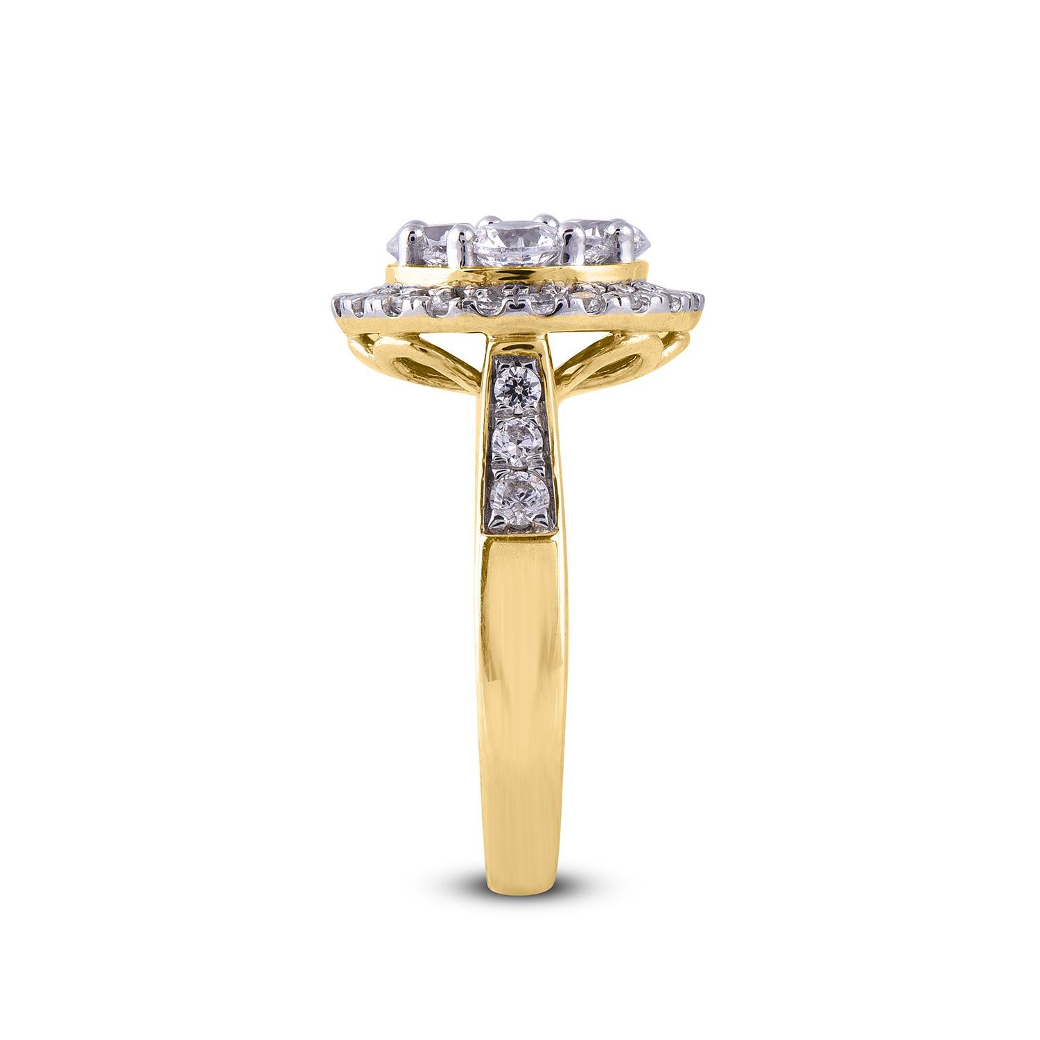 TJD 2.00 Carat Composite Diamond 14 Karat Yellow Gold Halo Engagement Ring In New Condition For Sale In New York, NY