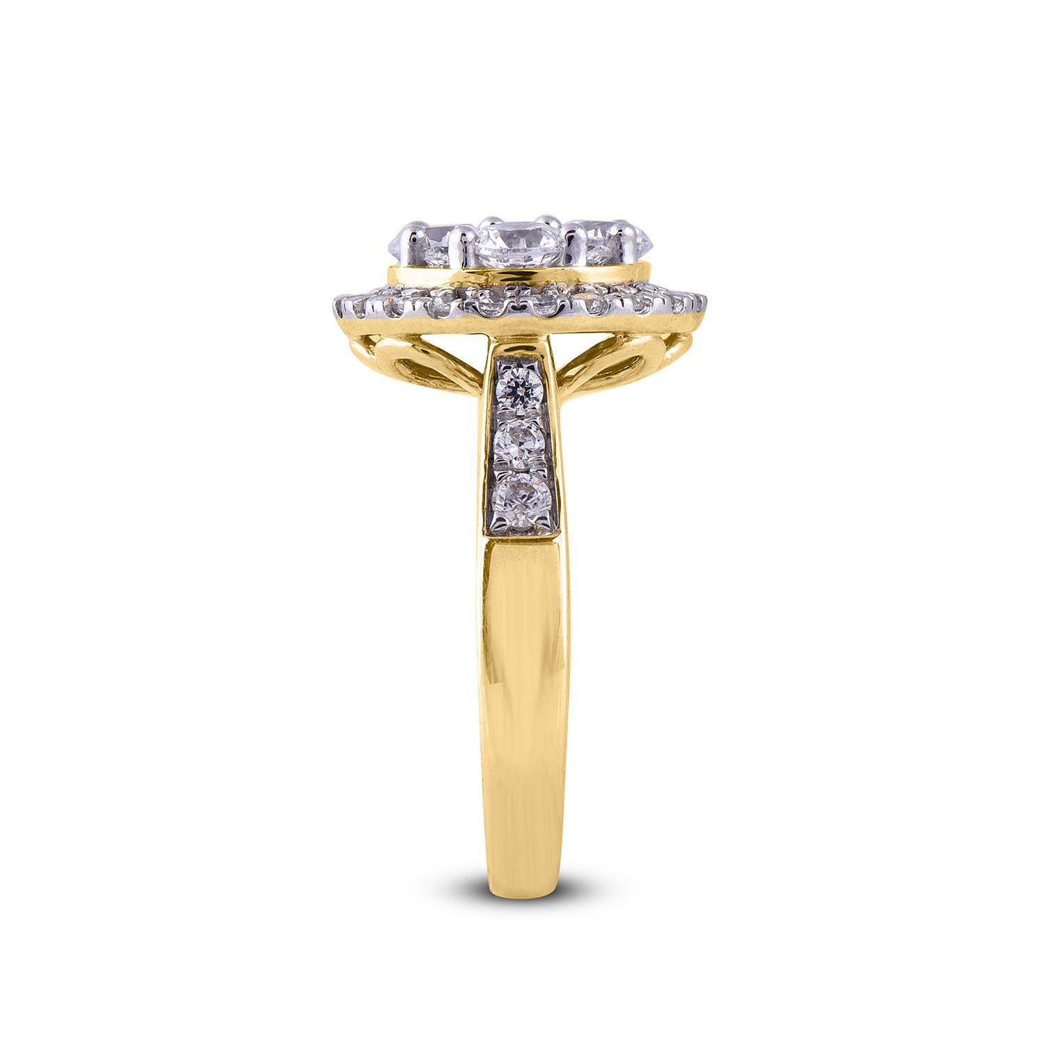 TJD 2.00 Carat Composite Diamond 14 Karat Yellow Gold Halo Engagement Ring In New Condition For Sale In New York, NY