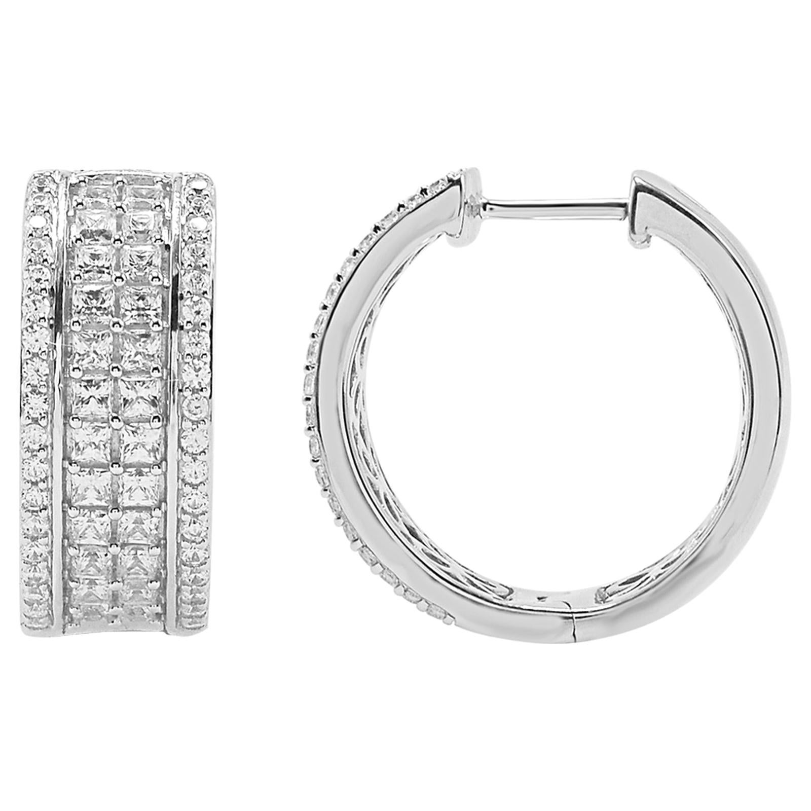 TJD 2Carat Round and Princess Cut Diamond 14K White Gold Multi-row Hoop Earrings For Sale