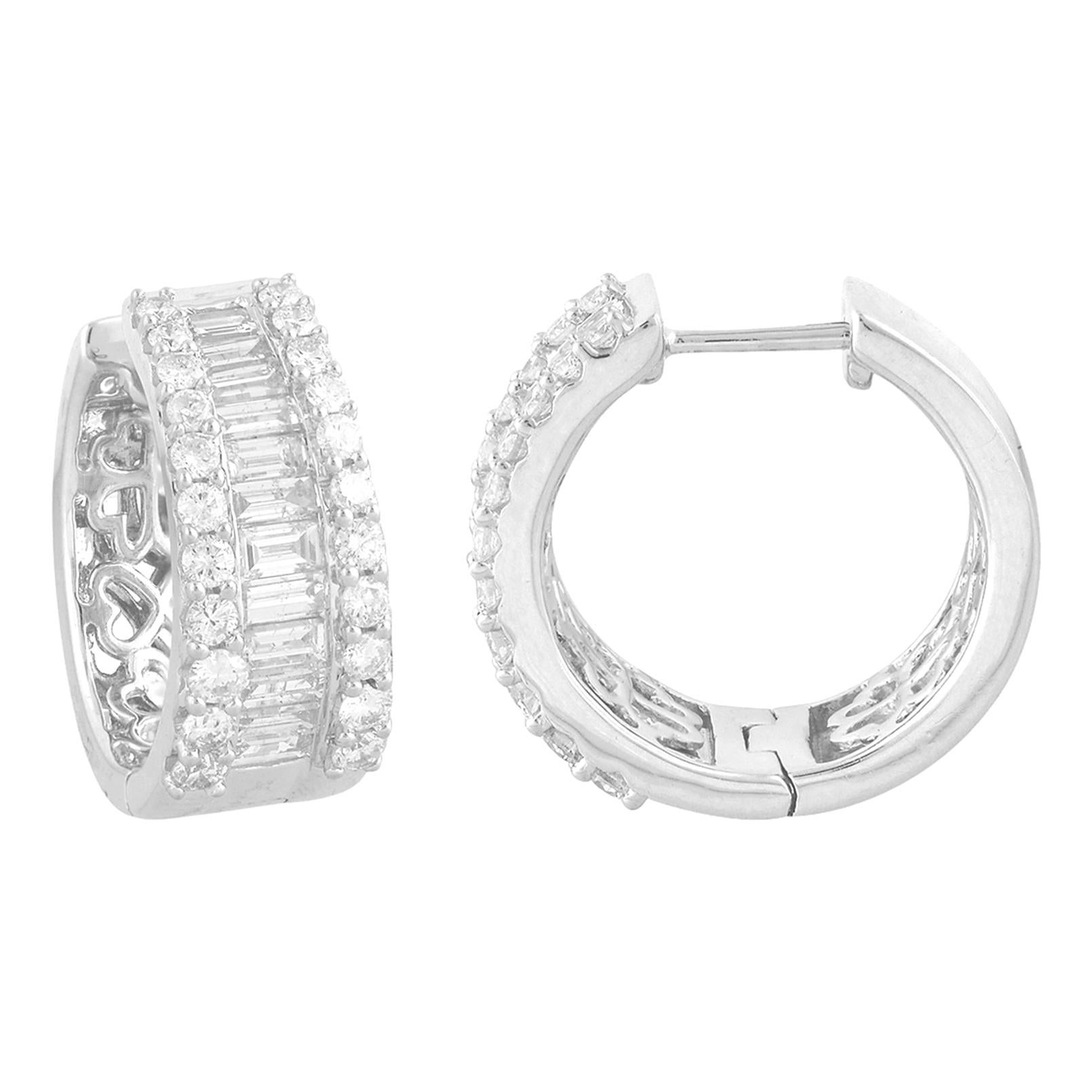 TJD 2.00 Carat Round and Baguette Diamond 14K White Gold Hoop Huggie Earrings For Sale