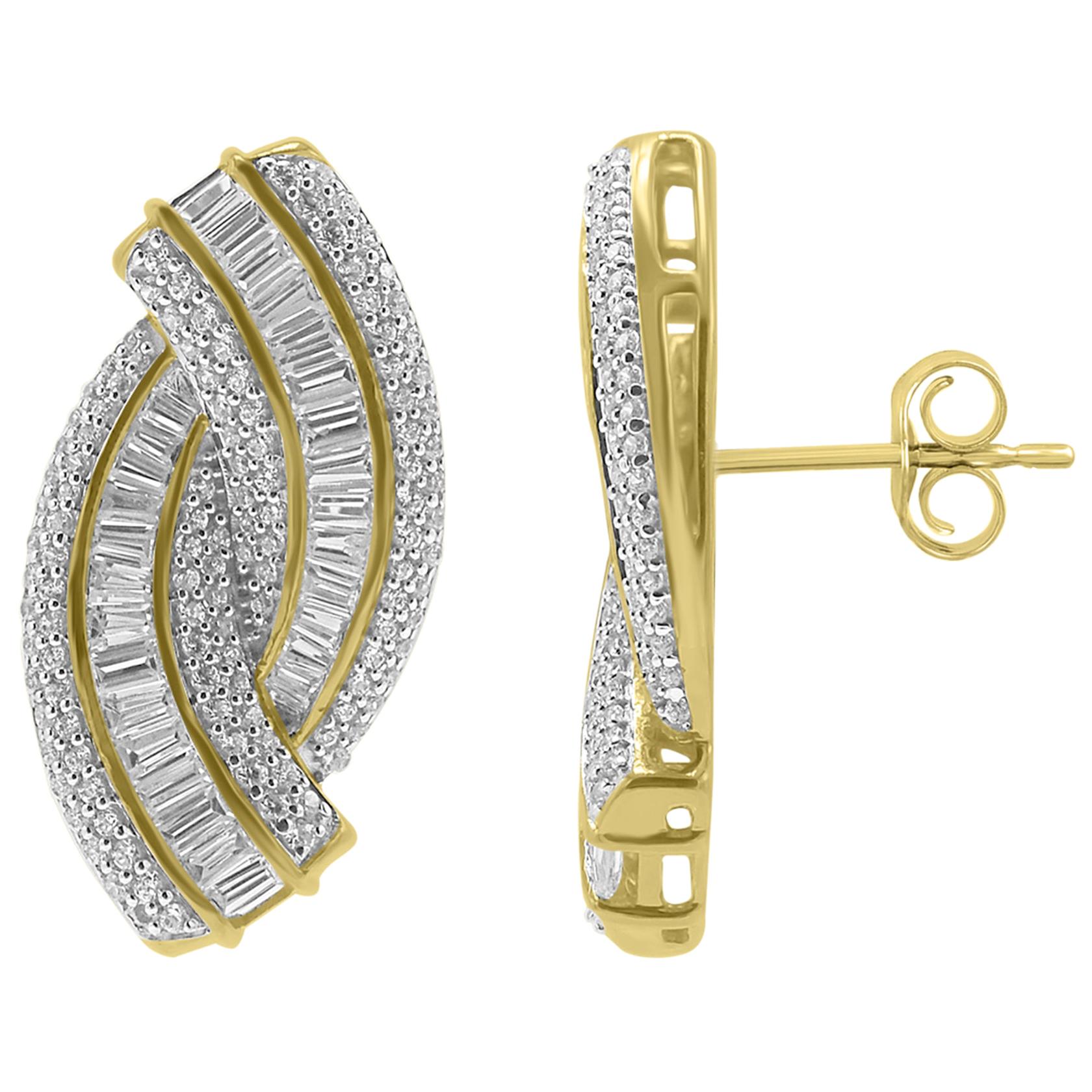 TJD 2 Carat Round and Baguette diamond 14Karat Yellow Gold Twist Curved Earrings