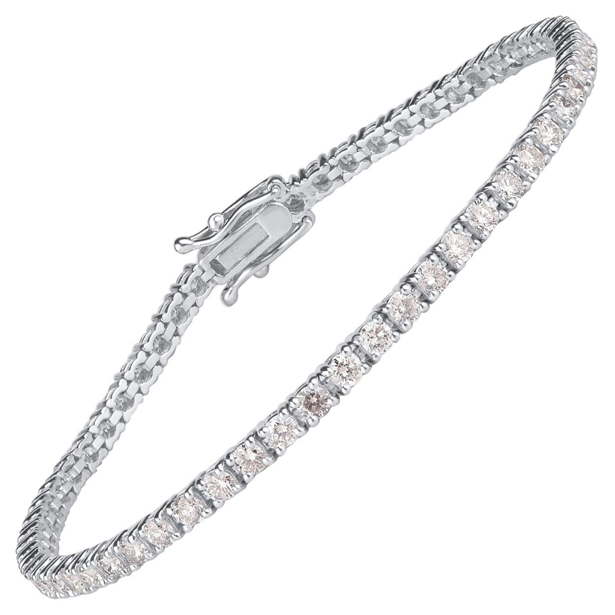 TJD Bracelet tennis classique à 4 griffes en or blanc 14 carats avec diamants ronds de 2,00 carats