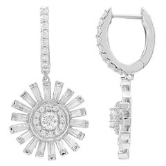 TJD 2Carat Round & Baguette Diamond 14K White Gold Sunburst Hoop Huggie Earrings