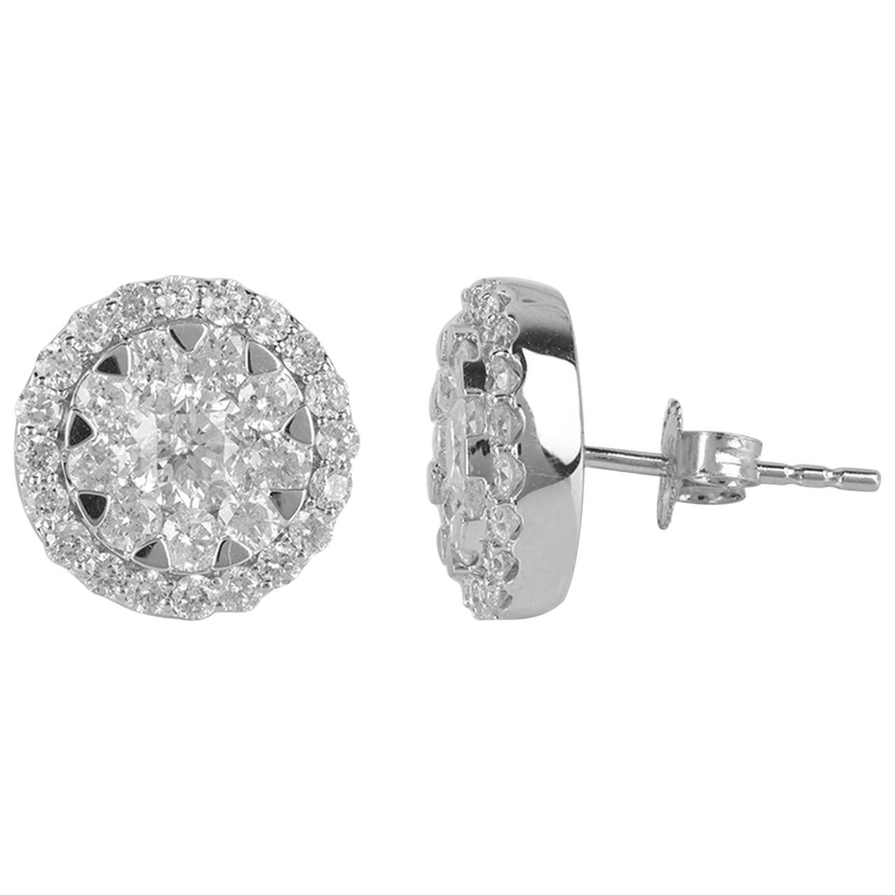 TJD 2Carat Round Diamond 18 Karat White Gold Halo Cluster Floral Stud Earring