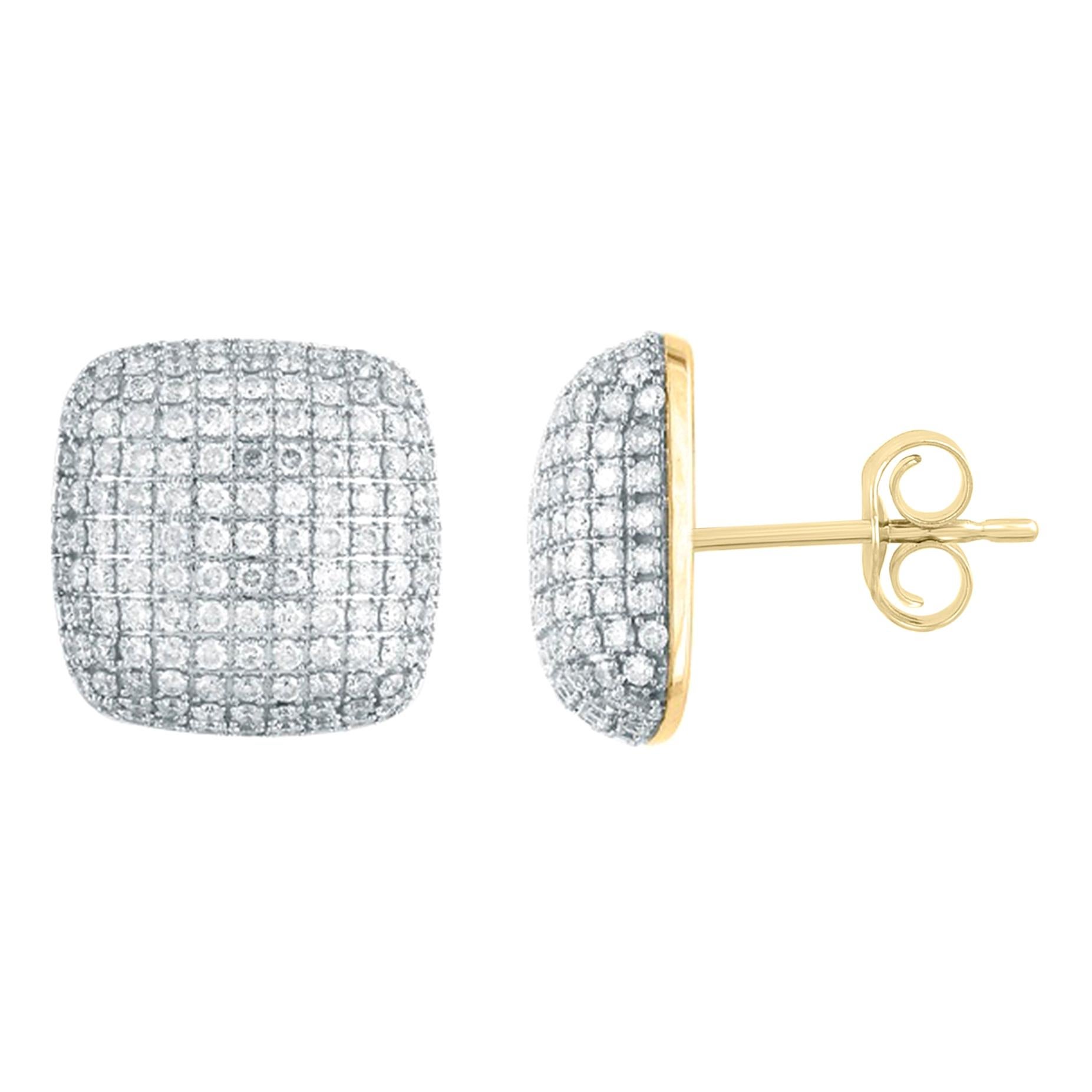 TJD 2.00 Carat Round Diamond 18K Yellow Gold Square Dome Cluster Stud Earrings For Sale