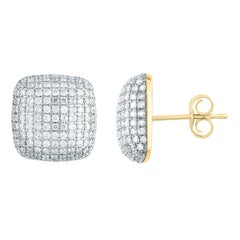 TJD 2.00 Carat Round Diamond 18K Yellow Gold Square Dome Cluster Stud Earrings