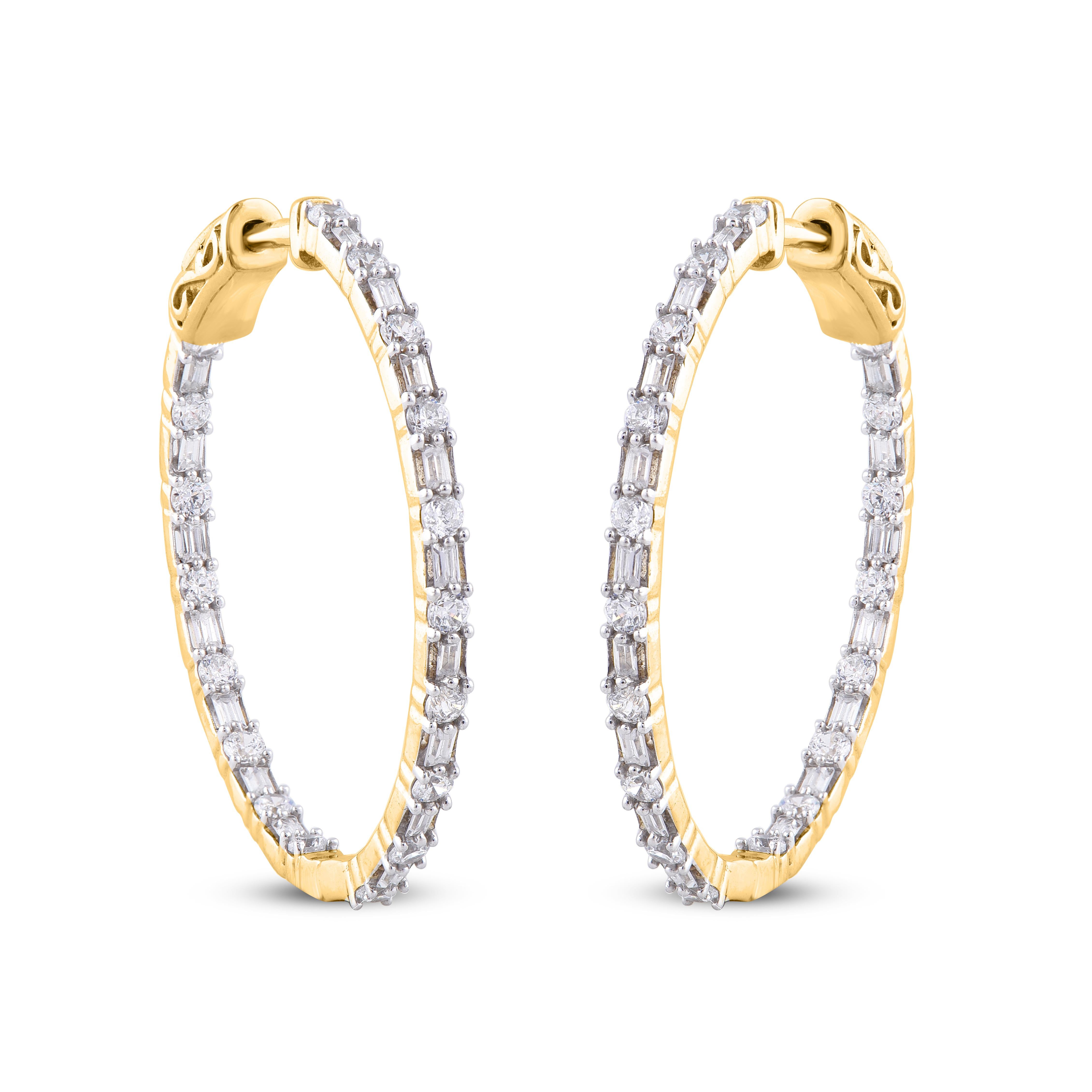 Round Cut TJD 2.00 Carat Round 14 Karat Yellow Gold Designer Diamond Hoop Earrings For Sale
