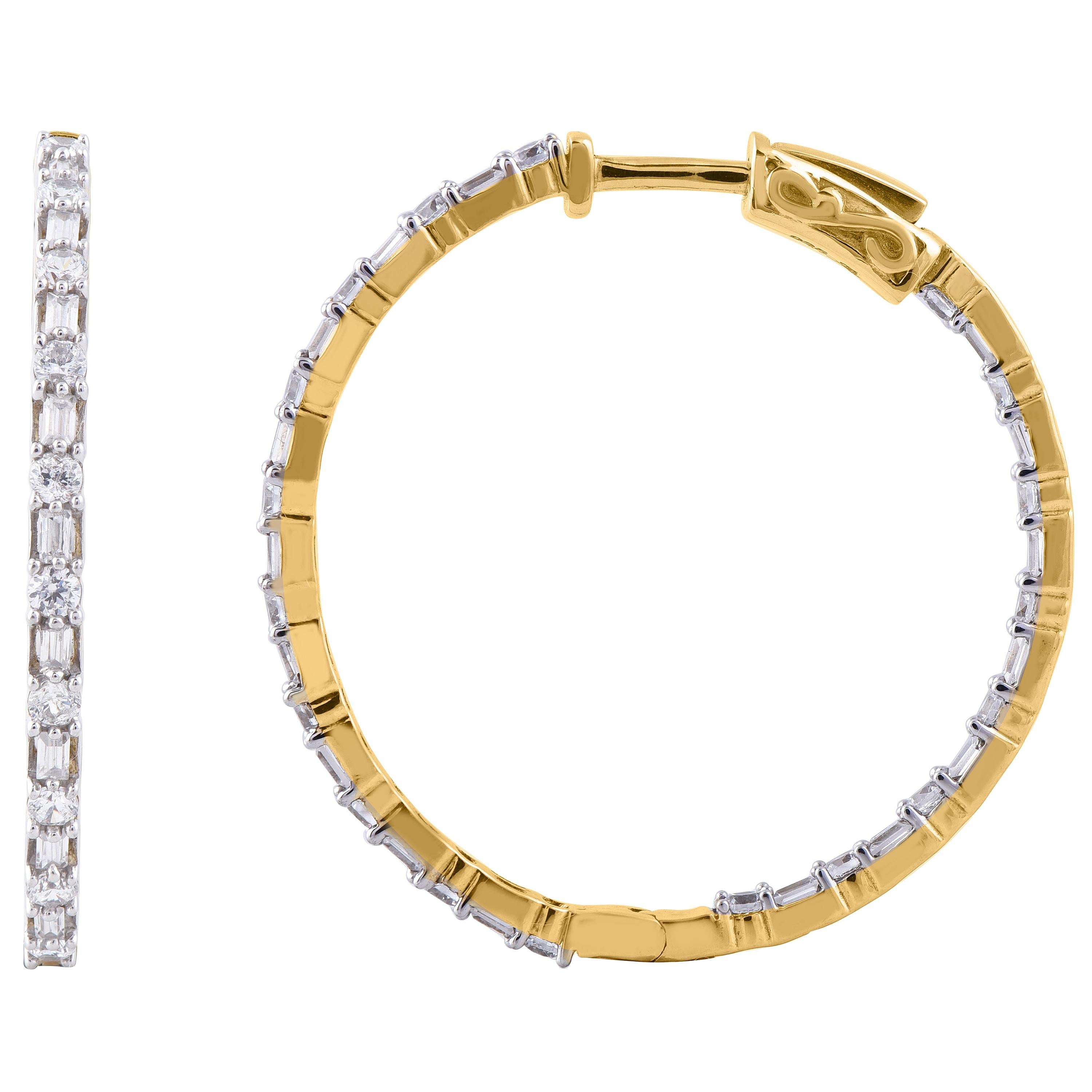 TJD 2.00 Carat Round 14 Karat Yellow Gold Designer Diamond Hoop Earrings For Sale