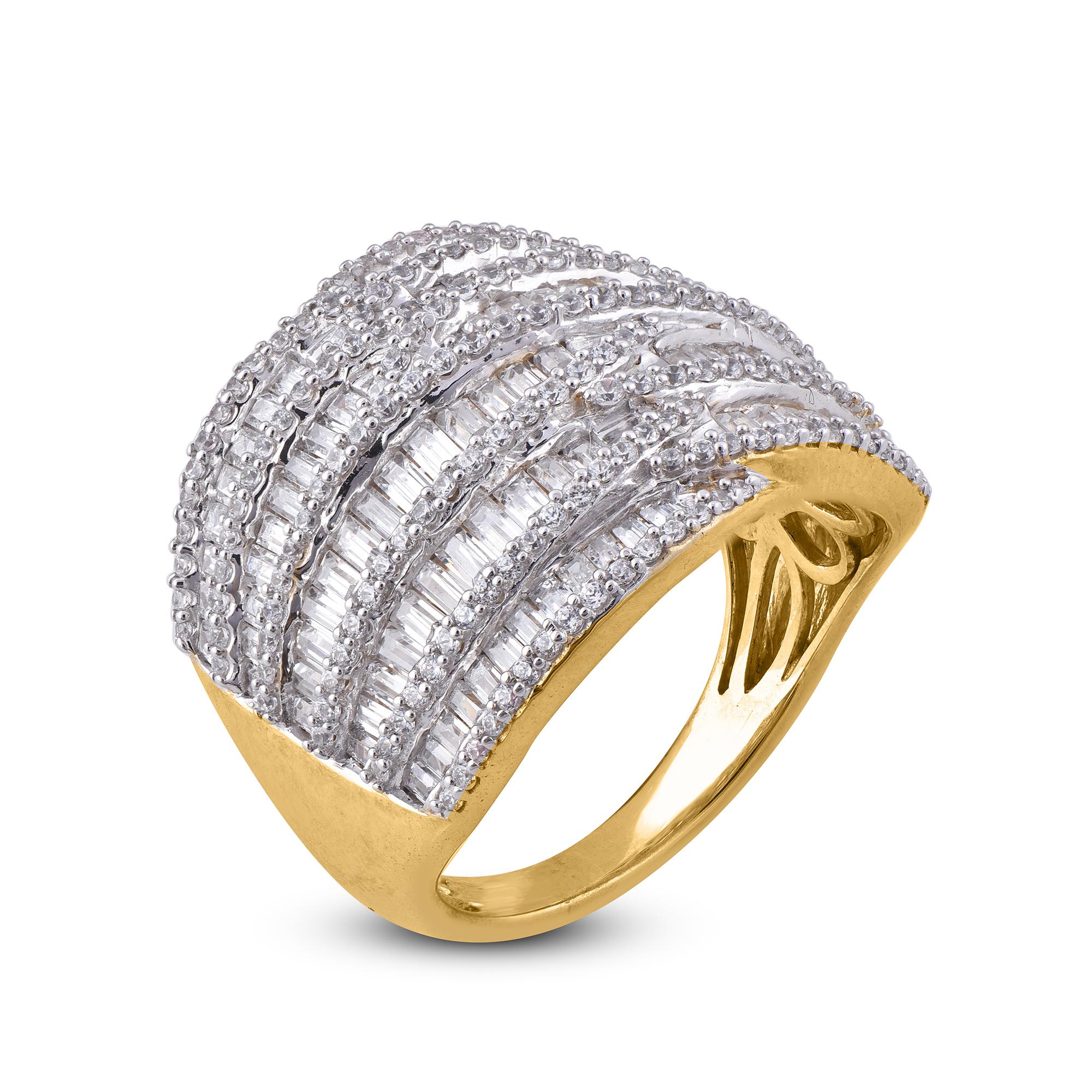 Truly exquisite, she'll admire the effortless look of this graceful diamond dome fashion ring. The ring is crafted from 14 karat gold in your choice of white, rose, or yellow, and features 185 round and 128 baguette diamond set in channel and prong