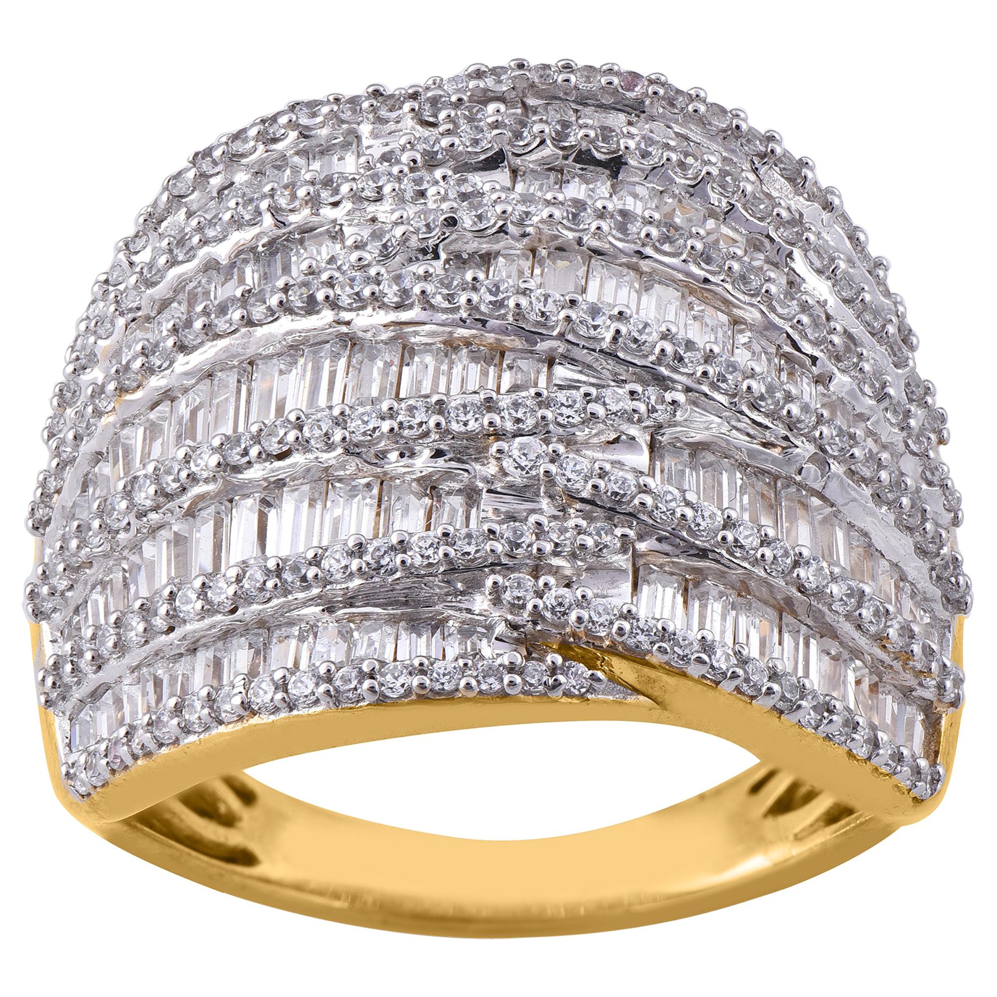 TJD 2.00 Carat Round and Baguette Diamond 14 Karat Yellow Gold Dome Fashion Ring