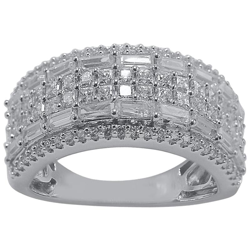 TJD, bague de fiançailles à plusieurs rangées en or blanc 14 carats avec diamants ronds et baguettes de 2,00 carats