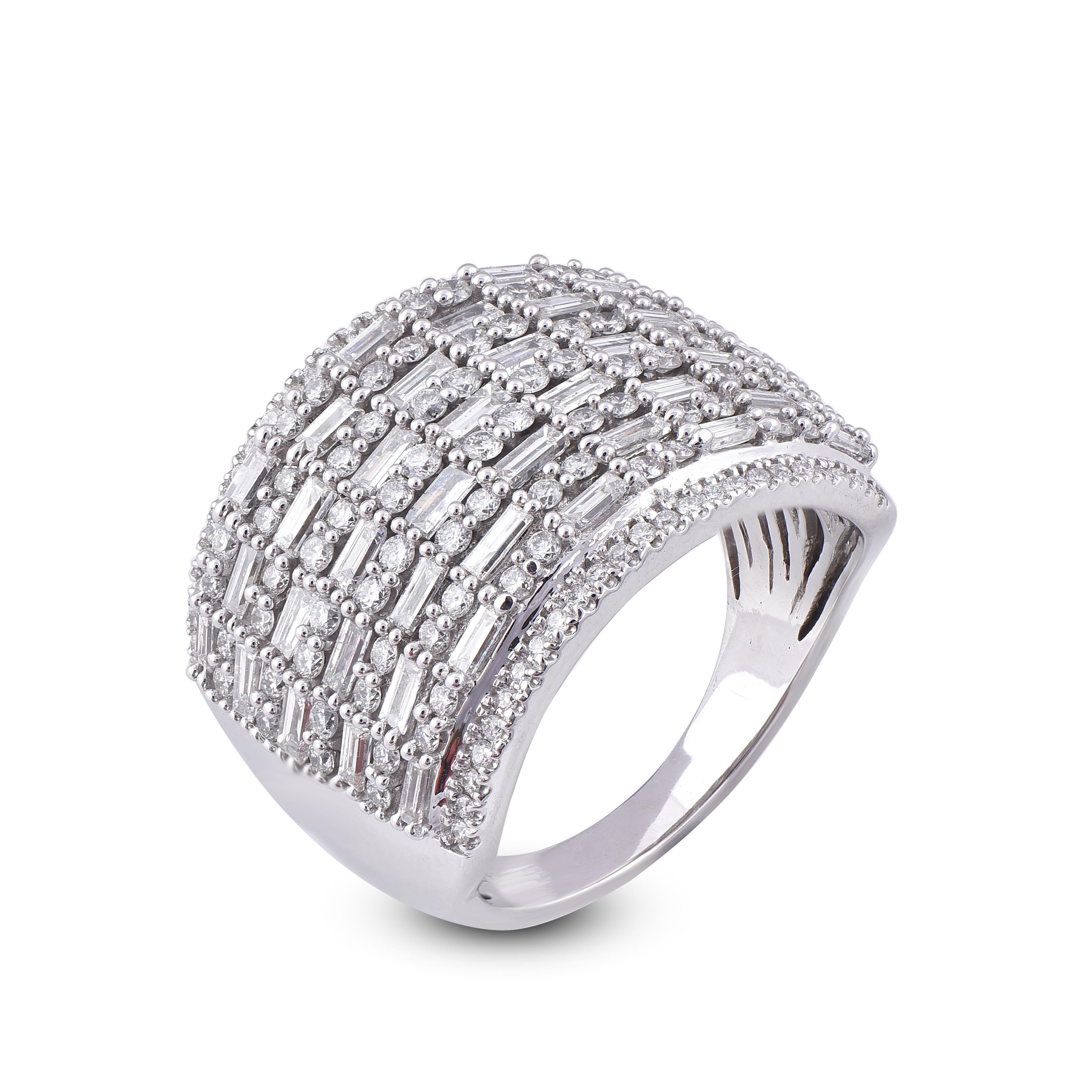 Stunning and classic, this diamond ring is beautifully crafted in 14 Karat white gold. This engagement band ring is studded with sparkling 128 round diamonds and 41 Bauguette diamond in secured with Pave & Prong setting. The diamonds are natural,