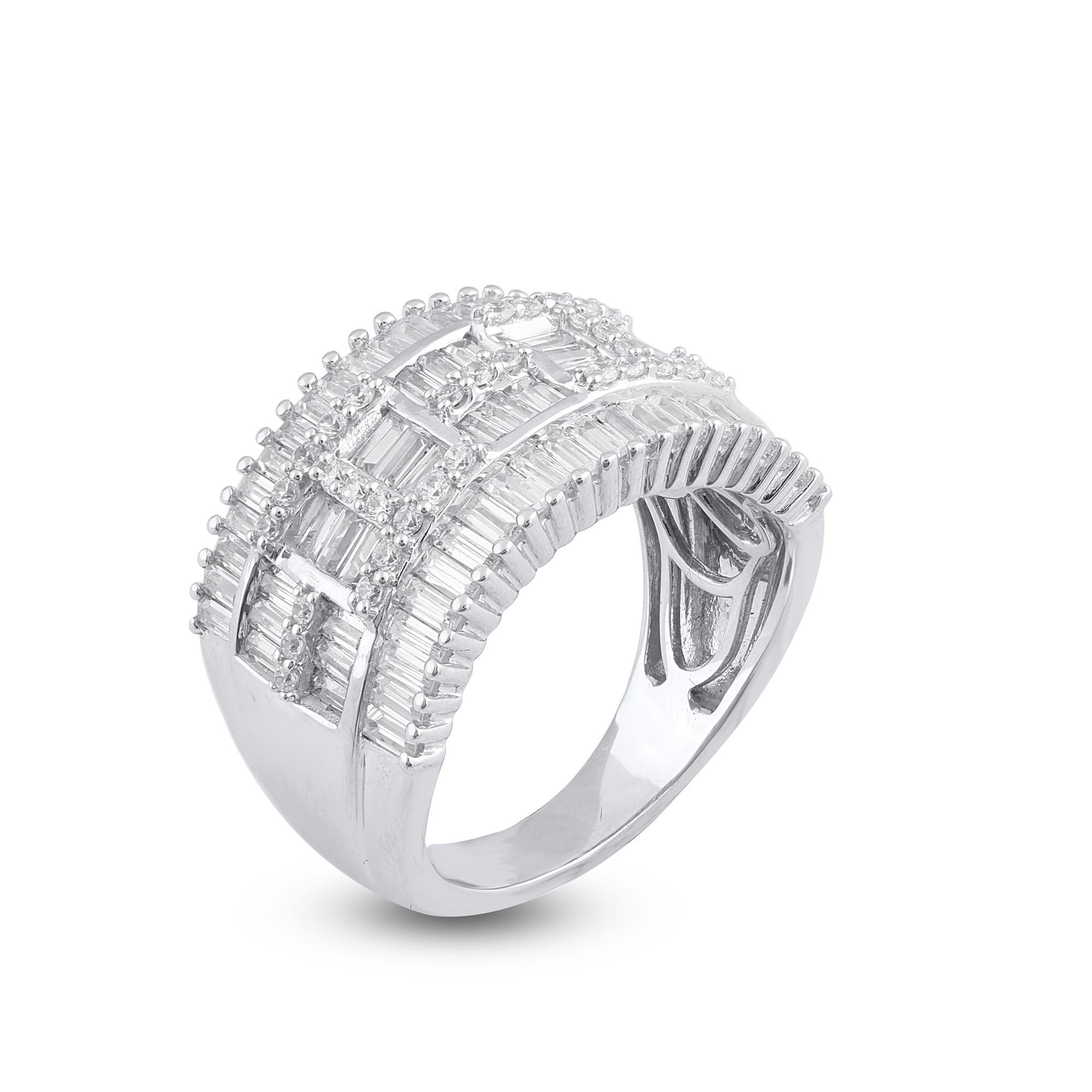 Don’t you want to take on the town with your sparkle? Make heads turn with this diamond studded wedding band. The ring is crafted from 14-karat gold in your choice of white, rose, or yellow, and features Round Brilliant 35 and Baguette - 72 white
