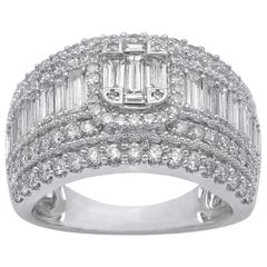 TJD 2Carat Round and Baguette Diamond 14 Karat White Gold Wide Wedding Band Ring