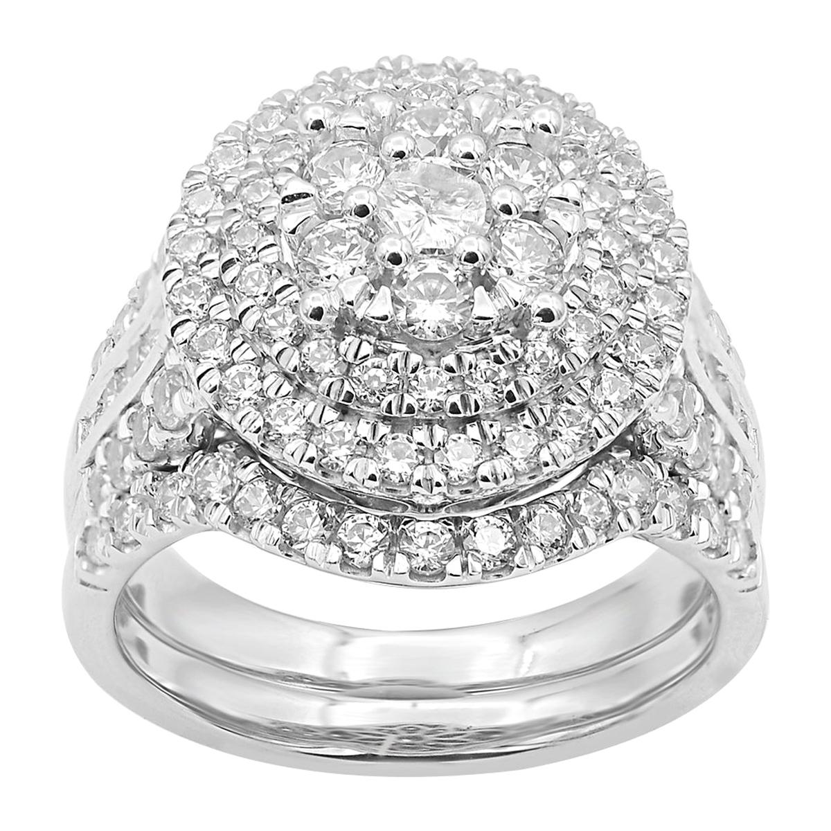 TJD 2.00 Carat Round Diamond 14K White Gold Double Halo Cluster Bridal Ring Set