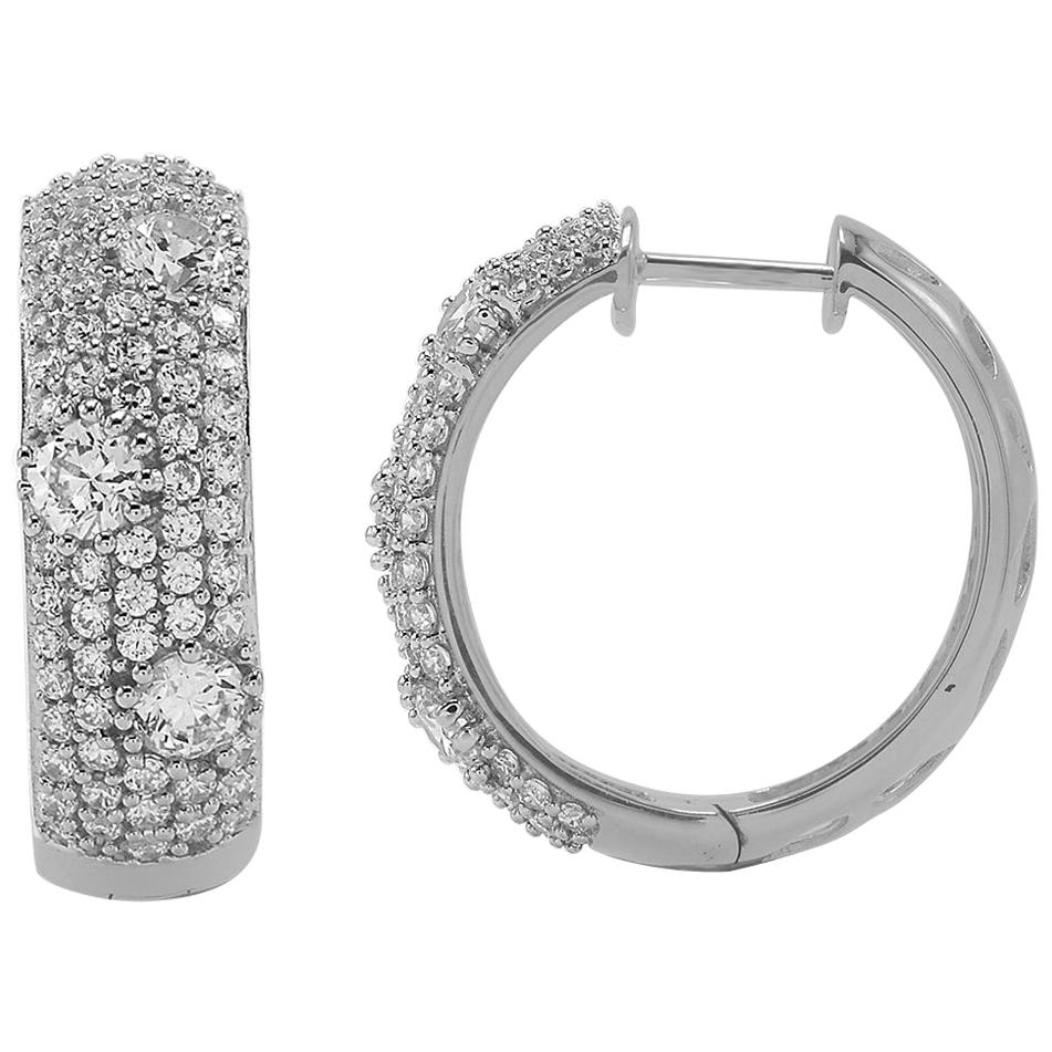 TJD 2.00 Carat Round Diamond 14 Karat White Gold Designer Huggie Hoop Earrings For Sale