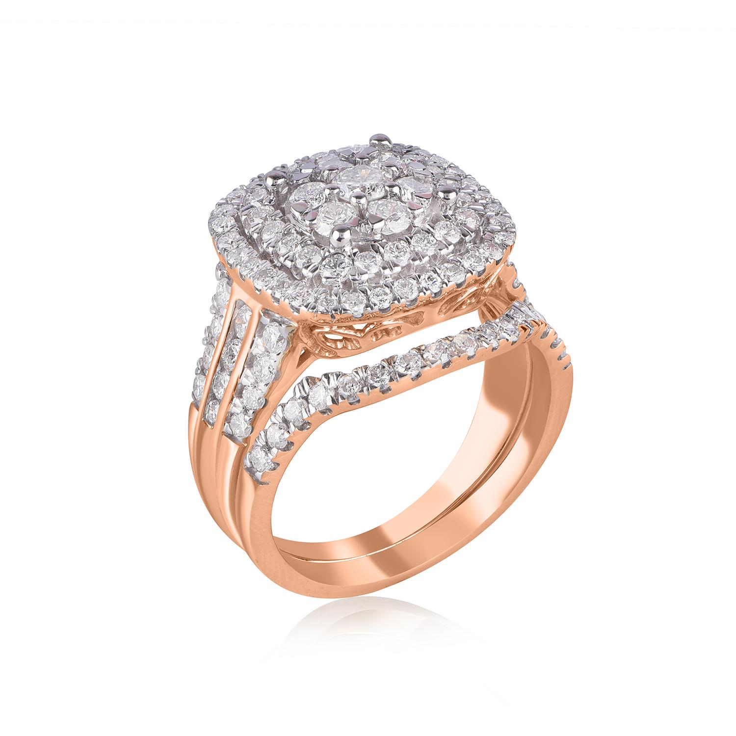 A delightful Engagement Bridal set studded with 99 diamonds in prong and channel setting. The ring is crafted in 14 Karat rose gold, diamonds are graded  H-I color I2 Clarity.
