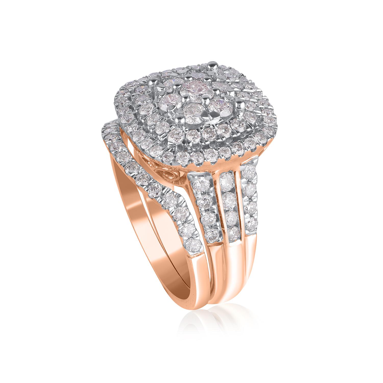 Round Cut TJD 2.00 Carat Round Diamond 14 Karat Rose Gold Enchanting Ring Bridal Set For Sale