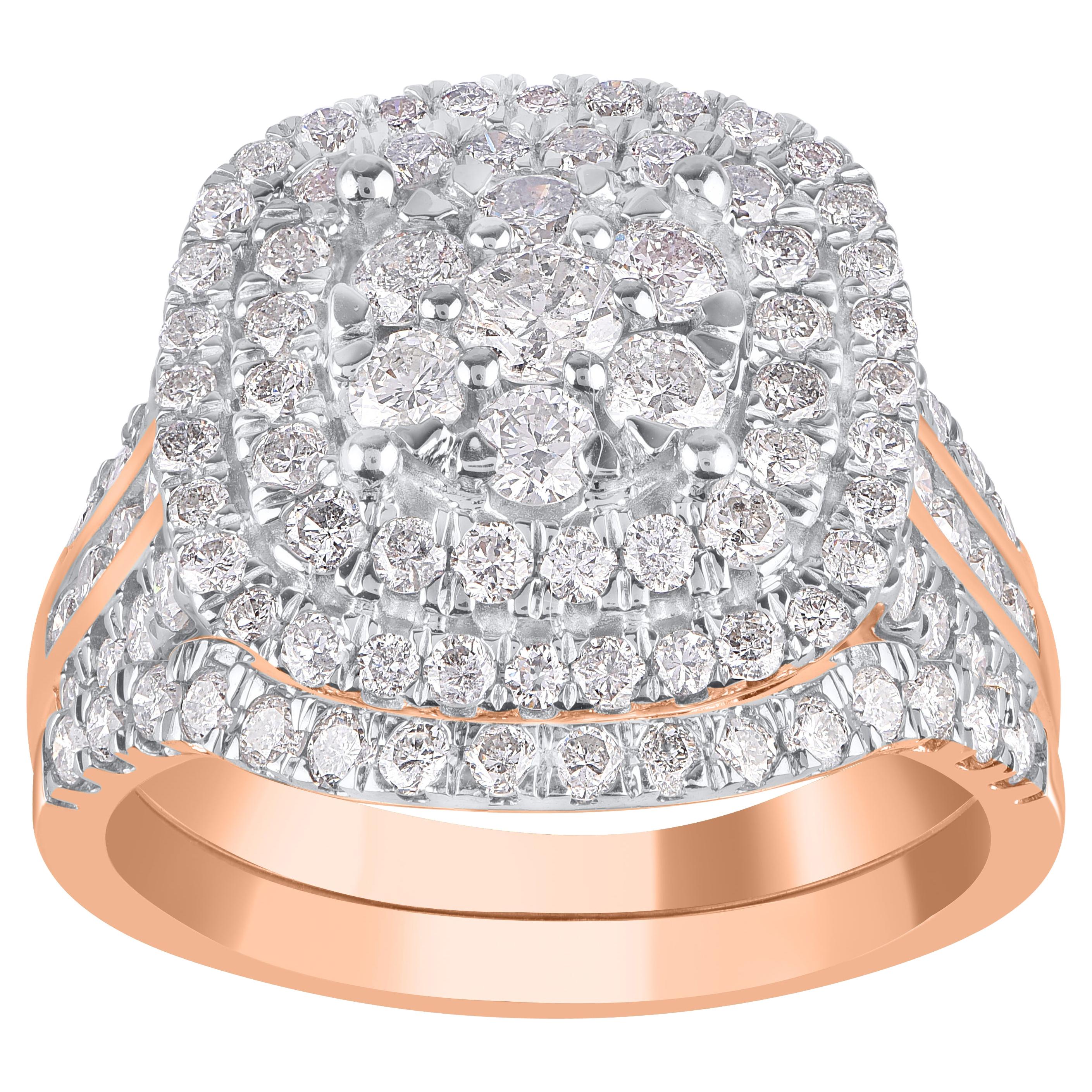 TJD 2.00 Carat Round Diamond 14 Karat Rose Gold Enchanting Ring Bridal Set